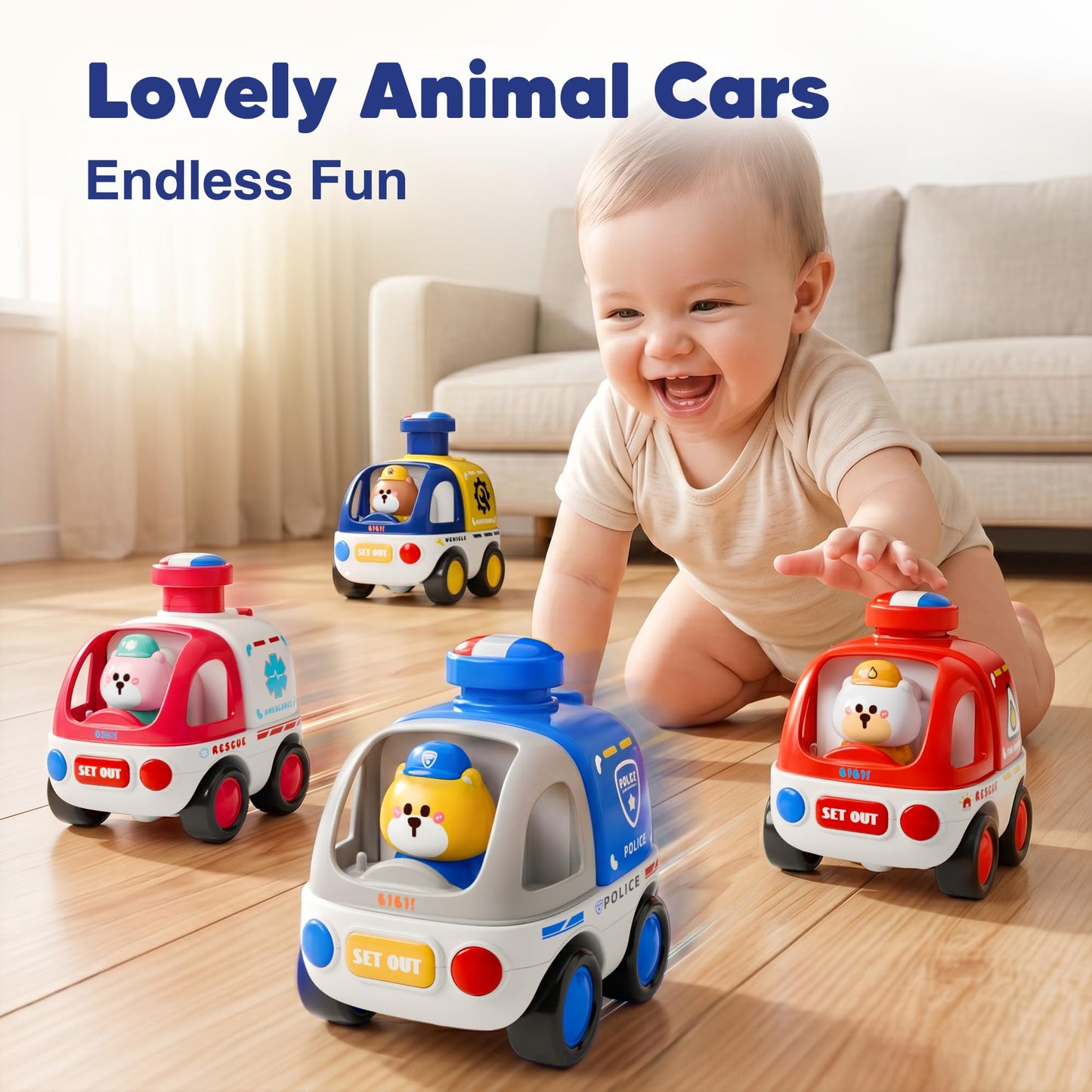 iPlay, iLearn Press to Go Car Toy for Toddlers 1-3, Baby Animal Racing Cars