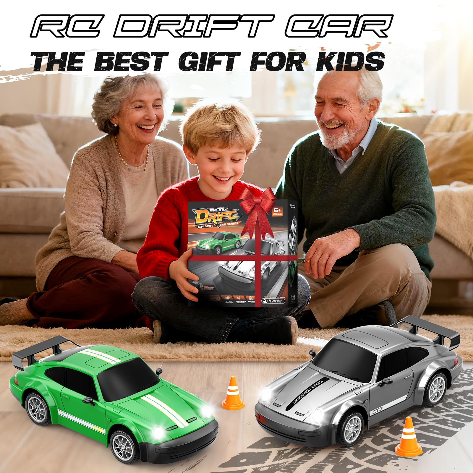 MOCOMI RC Drift Car 1:24 Scale, 4WD Remote Control Car with LED Lights 20KM/H High Speed, Dual-Mode Racing & Drifting Toy Car with 2 Batteries, Gift