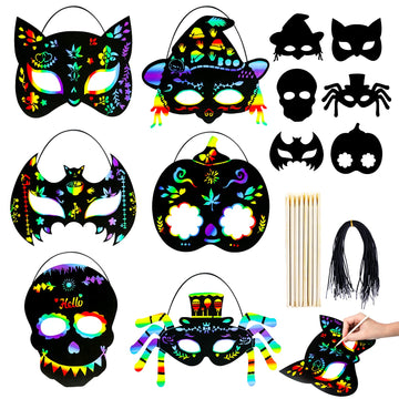 MGparty 24PCS Halloween Scratch Masks Craft Kit Rainbow Magic Scratch Paper Art for Kids Classroom Activities Birthday Party Favors School Art DIY