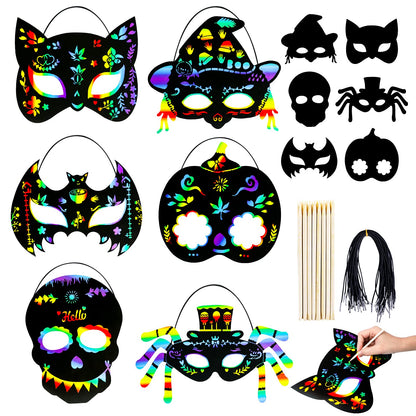 MGparty 24PCS Halloween Scratch Masks Craft Kit Rainbow Magic Scratch Paper Art for Kids Classroom Activities Birthday Party Favors School Art DIY