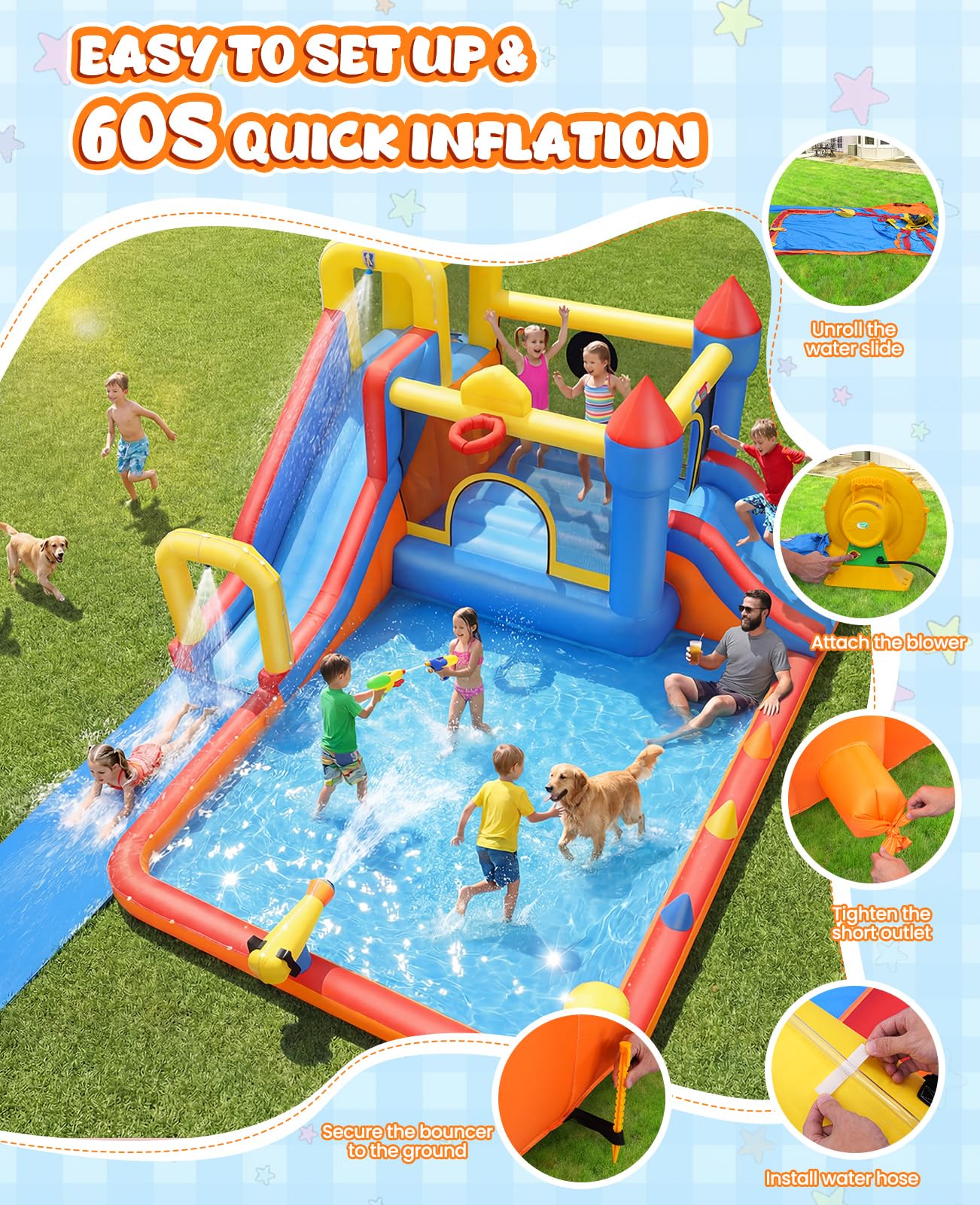 Whubefy18Ft Big Inflatable Water Slide Bounce House for Kids Backyard, 13-in-1 Large Waterslide Water Park Bouncy Castle with Extension Lawn Slip