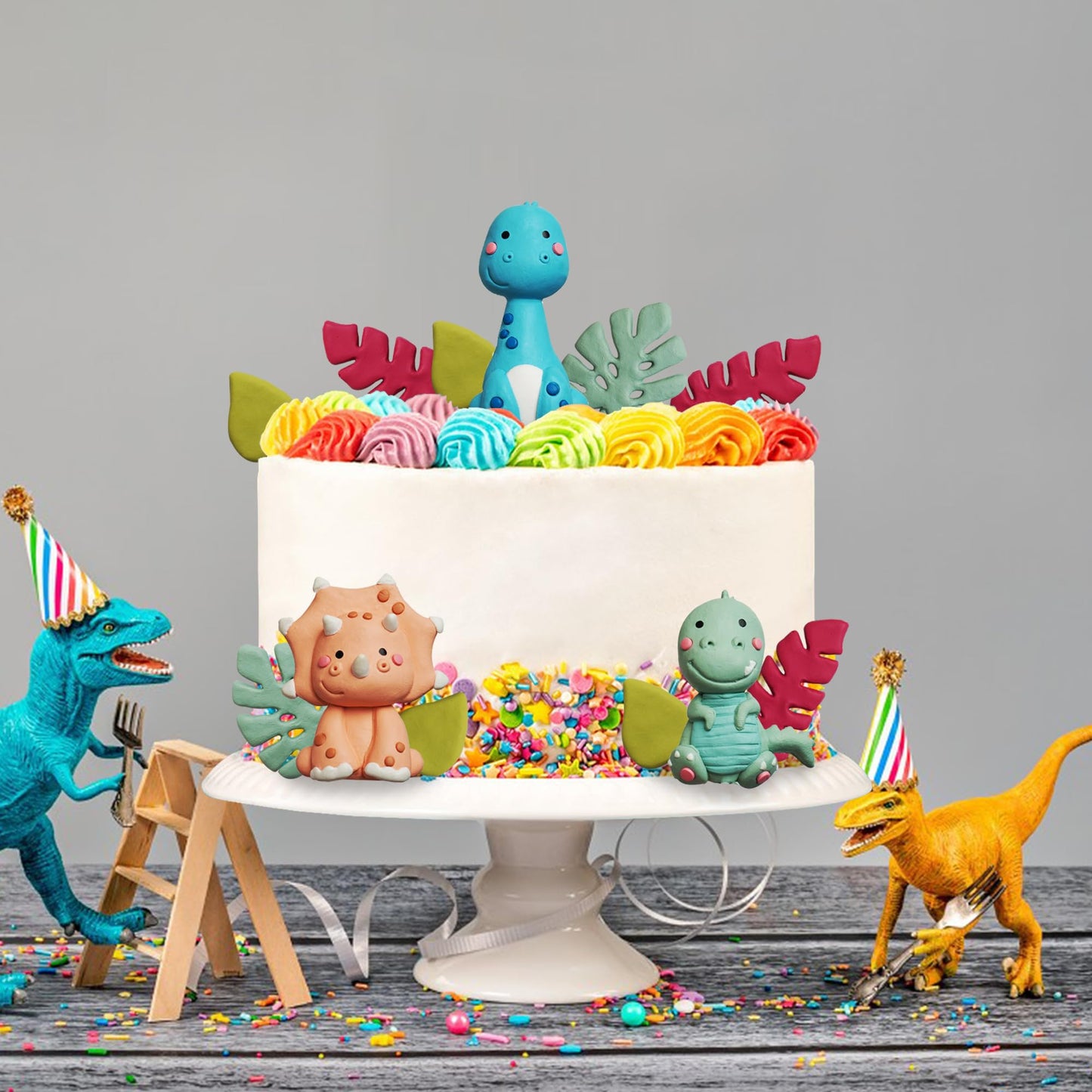 Clay Dinosaur Cake Toppers With Leaves for Birthday Dinosaur Theme Jungle Theme Supplies