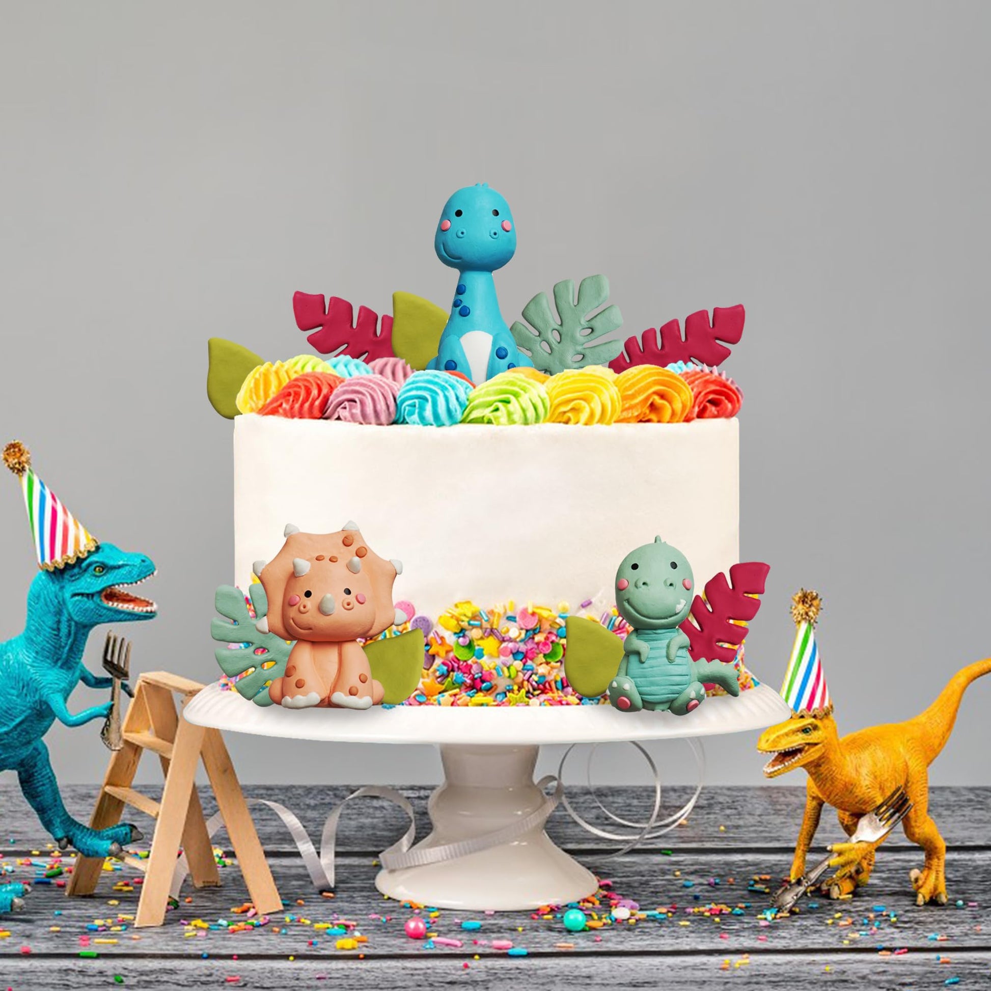 Clay Dinosaur Cake Toppers With Leaves for Birthday Dinosaur Theme Jungle Theme Supplies