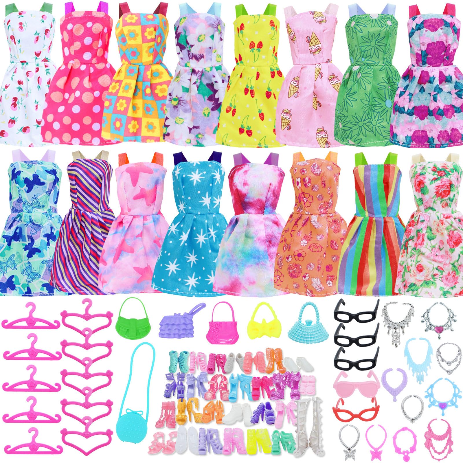 BJDBUS 42 pcs Doll Clothes and Accessories Including 10 pcs Fashion Mini Dresses 32 pcs Shoes, Glasses, Necklaces, Handbag, Hangers Accessories