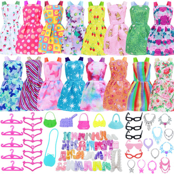 BJDBUS 42 pcs Doll Clothes and Accessories Including 10 pcs Fashion Mini Dresses 32 pcs Shoes, Glasses, Necklaces, Handbag, Hangers Accessories