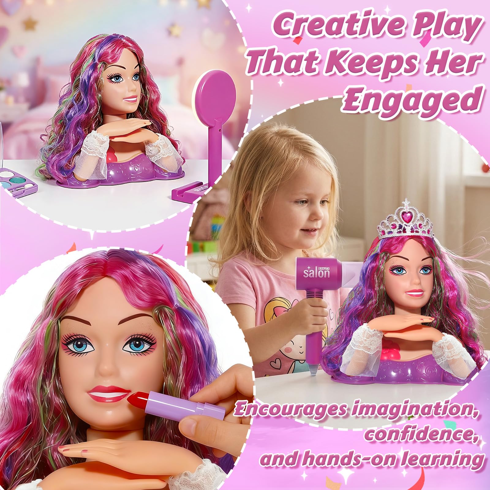 Princess Hair Styling Doll Head Makeup Kit for Girls- Pink, Purple Highlighted Wavy Hair Salon Set with 20+ Accessories - Makeup & Braiding Playset