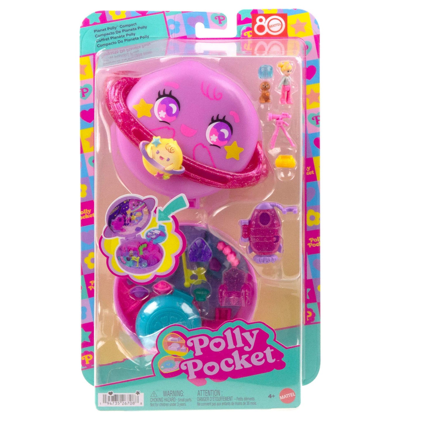 Polly Pocket Dolls and Playset, Planet Polly Outer Space Compact, Travel Toy with 1 Micro Doll, Pet Puppy & Themed Accessories