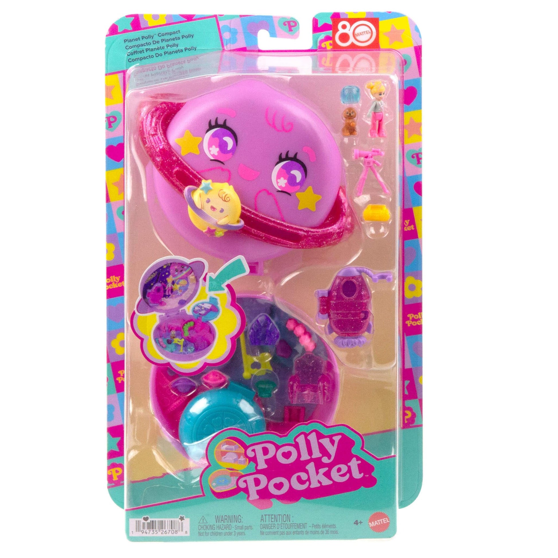 Polly Pocket Dolls and Playset, Planet Polly Outer Space Compact, Travel Toy with 1 Micro Doll, Pet Puppy & Themed Accessories