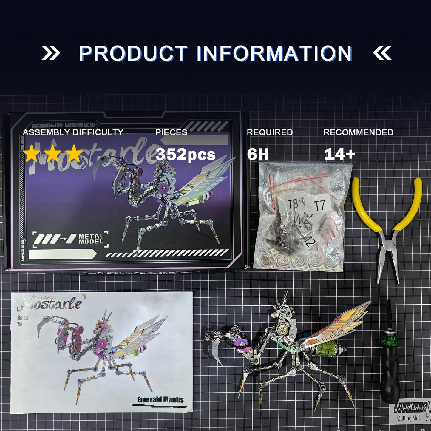 Arcynix Mostarle Cyberpunk Emerald Mantis 3D Metal Puzzle for Adults and Teens, 352-Piece DIY Sci-Fi Model Kit with Adjustable Forearms, Challenging