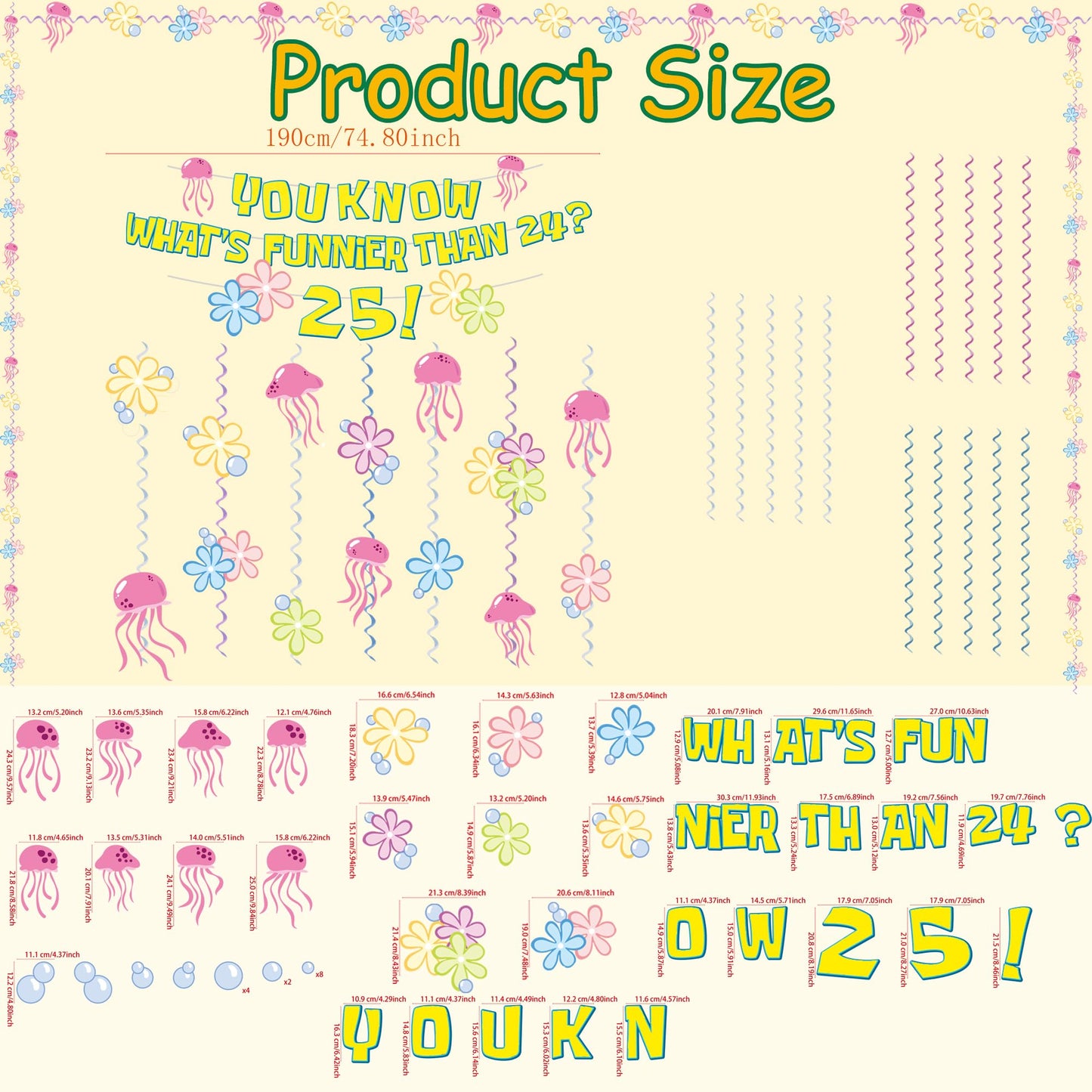 WHAT'S FUNNIER THAN 24? 25! Birthday Banner Carton Banner Jelly Fish Hanging Swirls Garlands Sea Animals Hanging Banner for Birthday Party Decorations