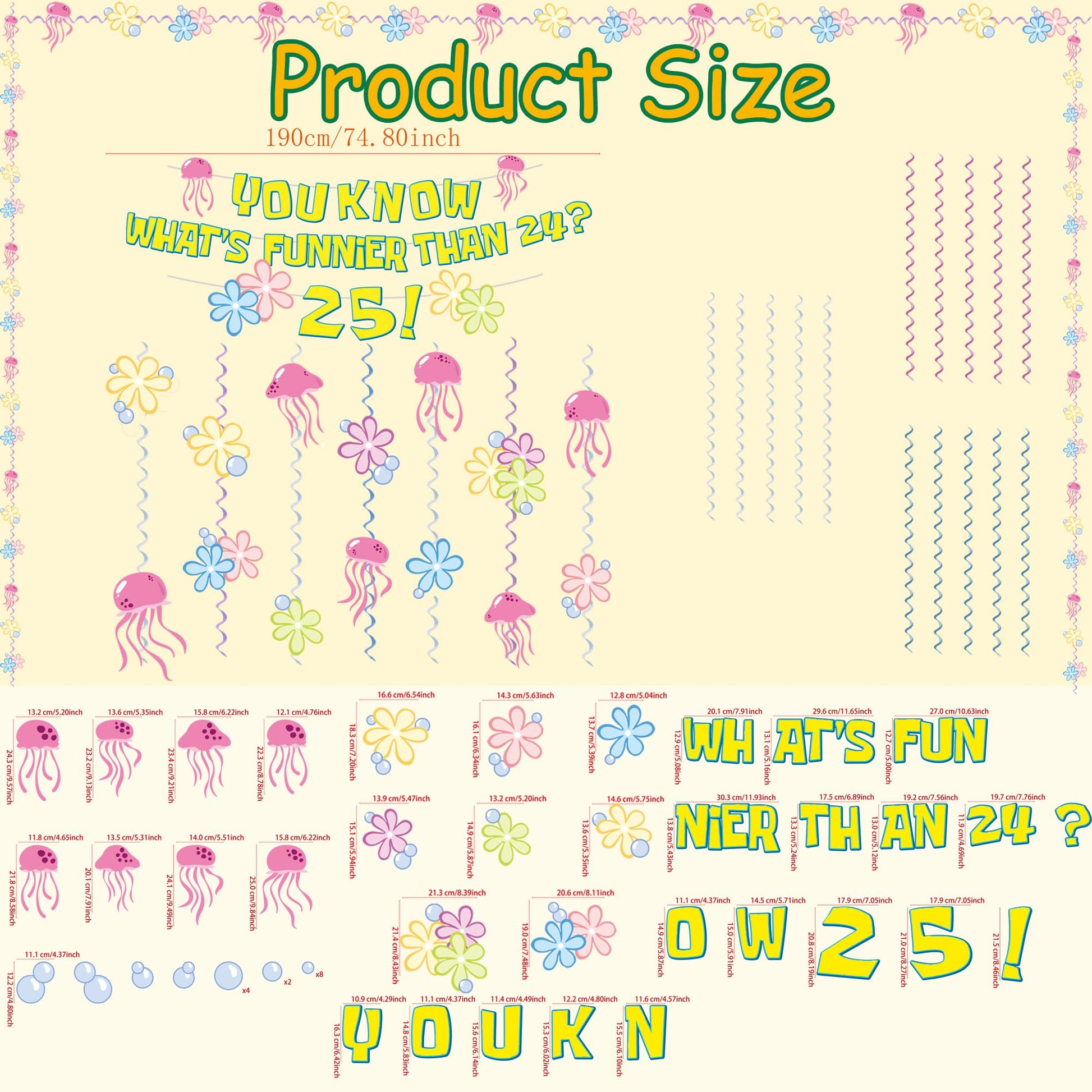WHAT'S FUNNIER THAN 24? 25! Birthday Banner Carton Banner Jelly Fish Hanging Swirls Garlands Sea Animals Hanging Banner for Birthday Party Decorations