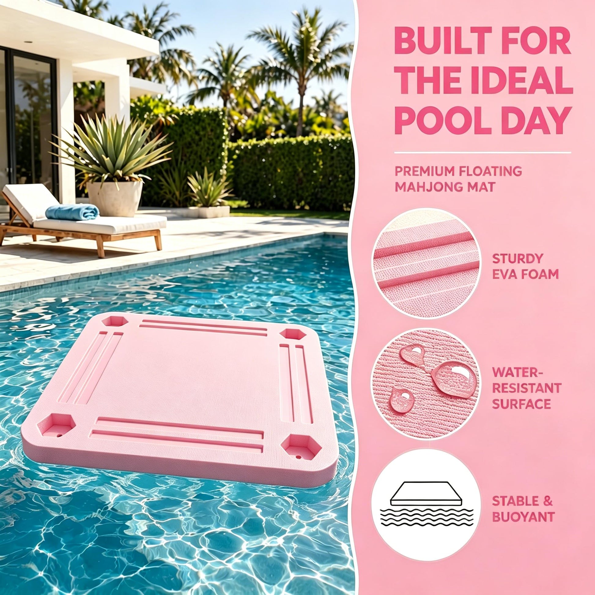 TheClouds Floating Mahjong Table for Pool, 31.5" x 31.5" Waterproof Mahjong Table, Floating Mahjong Board & Game Tray for Hot Tub, Outdoor Party, Card