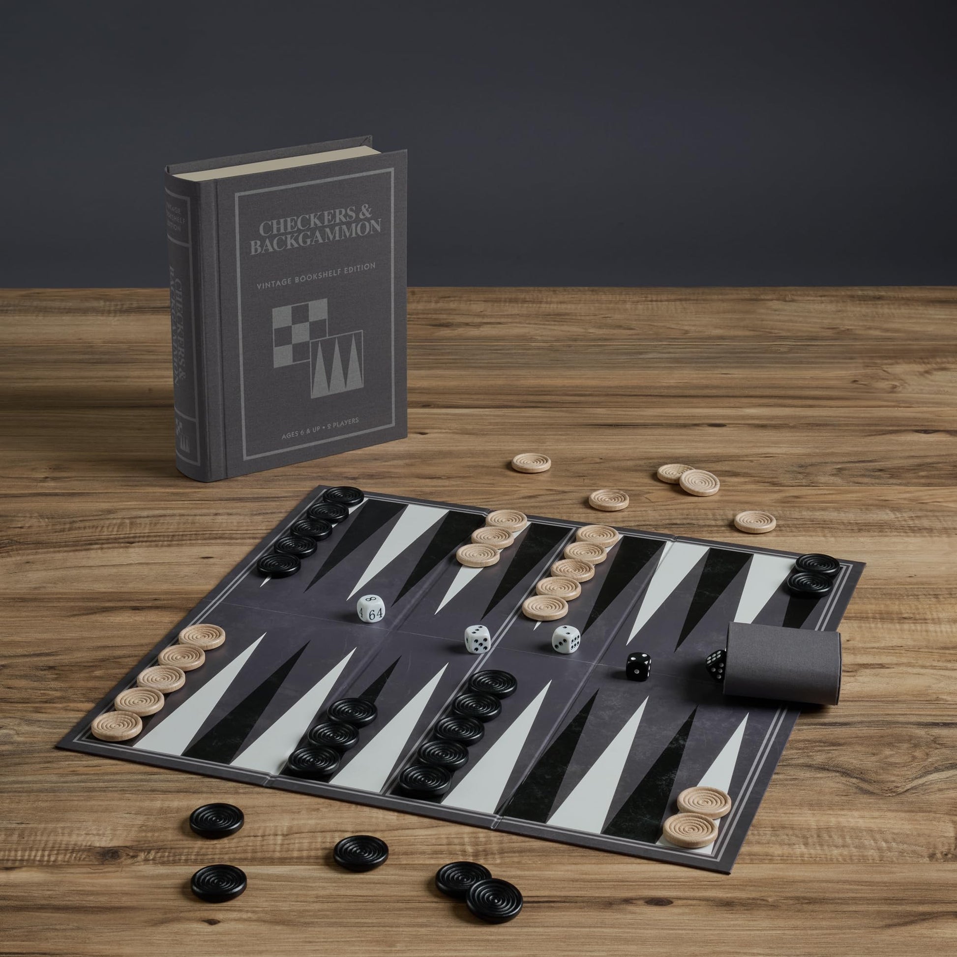 Checkers and Backgammon Vintage Bookshelf Edition by WS Game Company, Linen Wrapped Book Box & Slipcase - Reversible Board, Wooden Pieces - Checkers