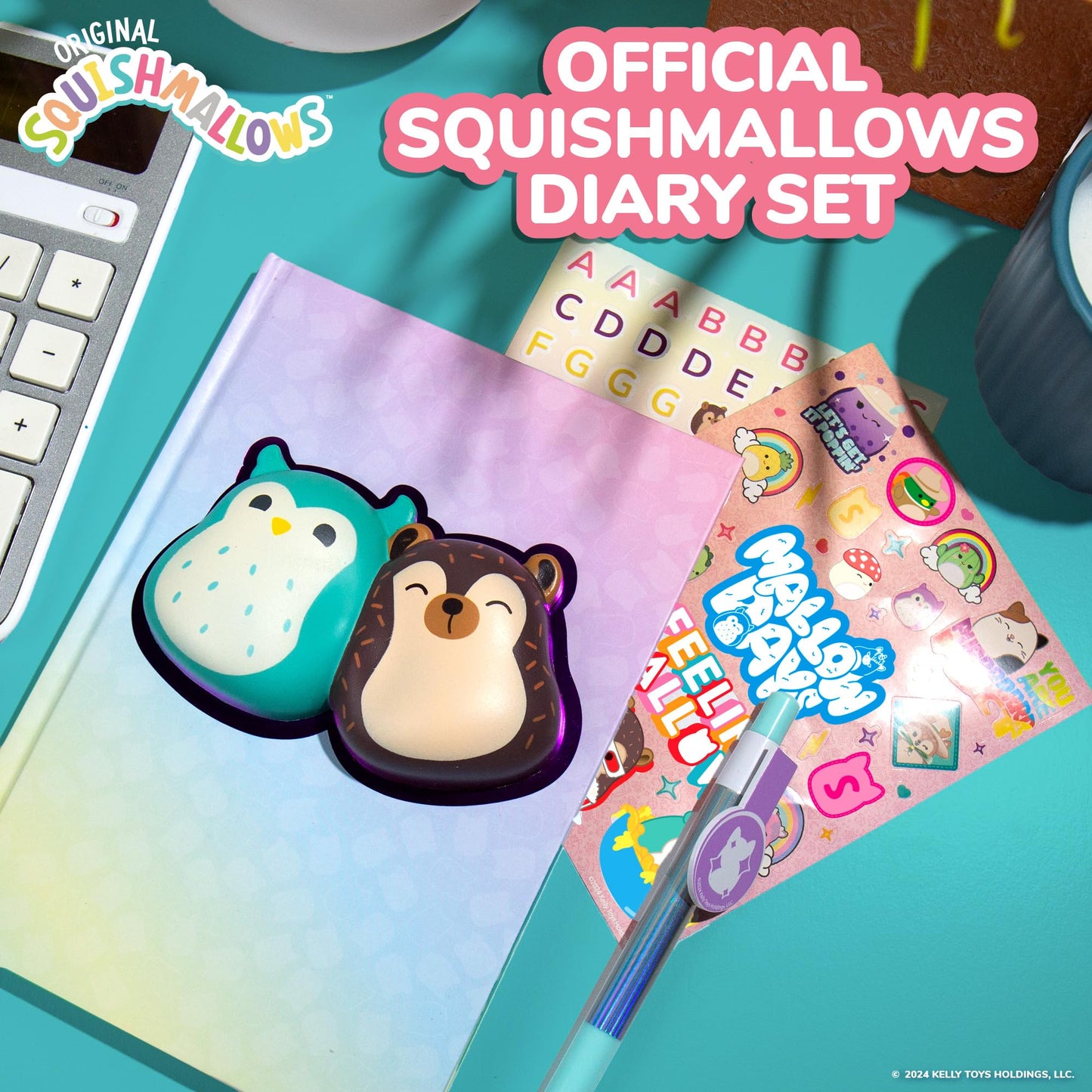 Squishmallows Original Squishy Diary Set, Includes 5 x 7 Diary, 60 Sheets, Kawaii Stickers, Pen, Fun Journaling Kit & Sketchbook for Kids, School