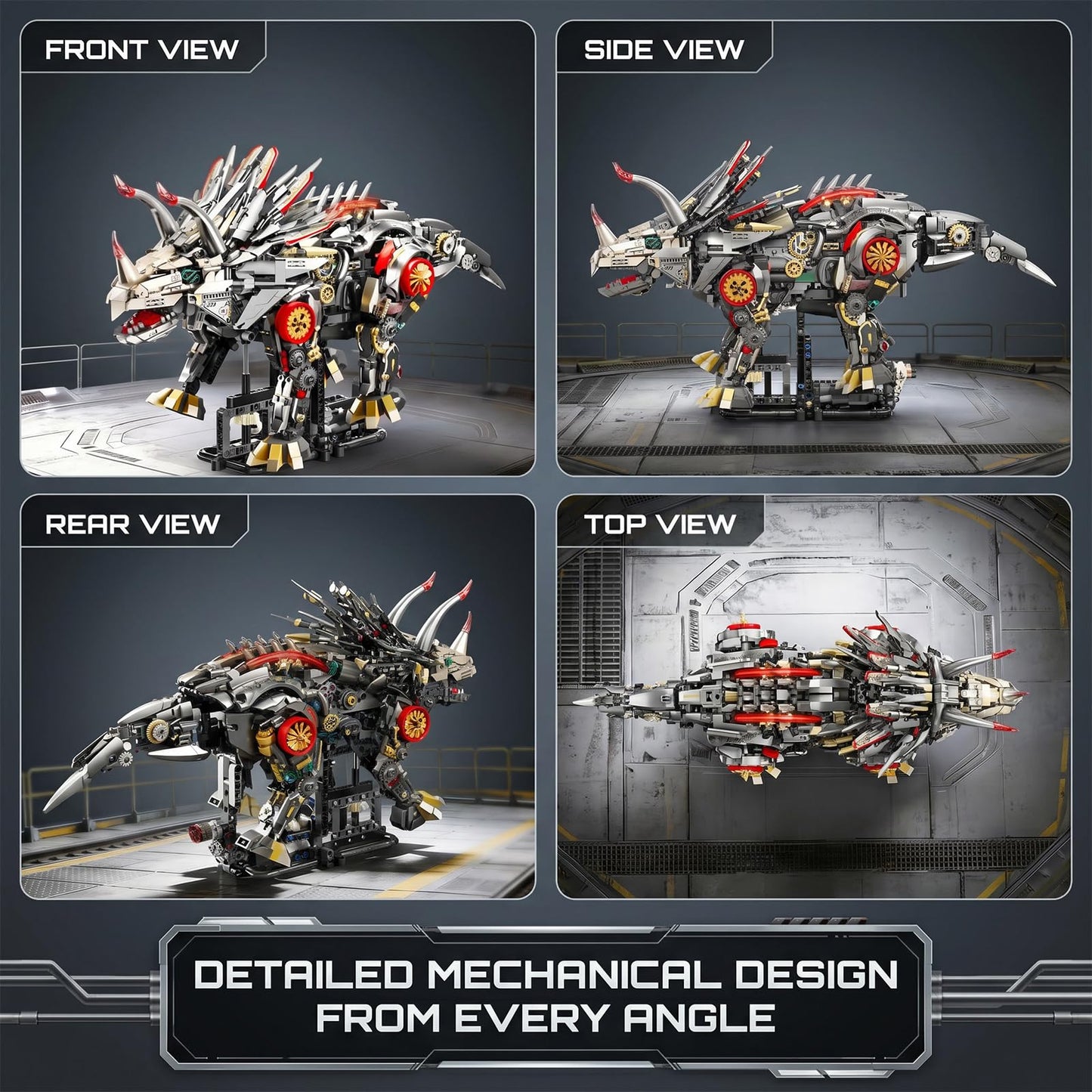 Myth Qholve Mechanical Triceratops Building Set with LED Lights, Display Stand, Movable Linkage Gears, Rotatable Components, Large Scale Collectible