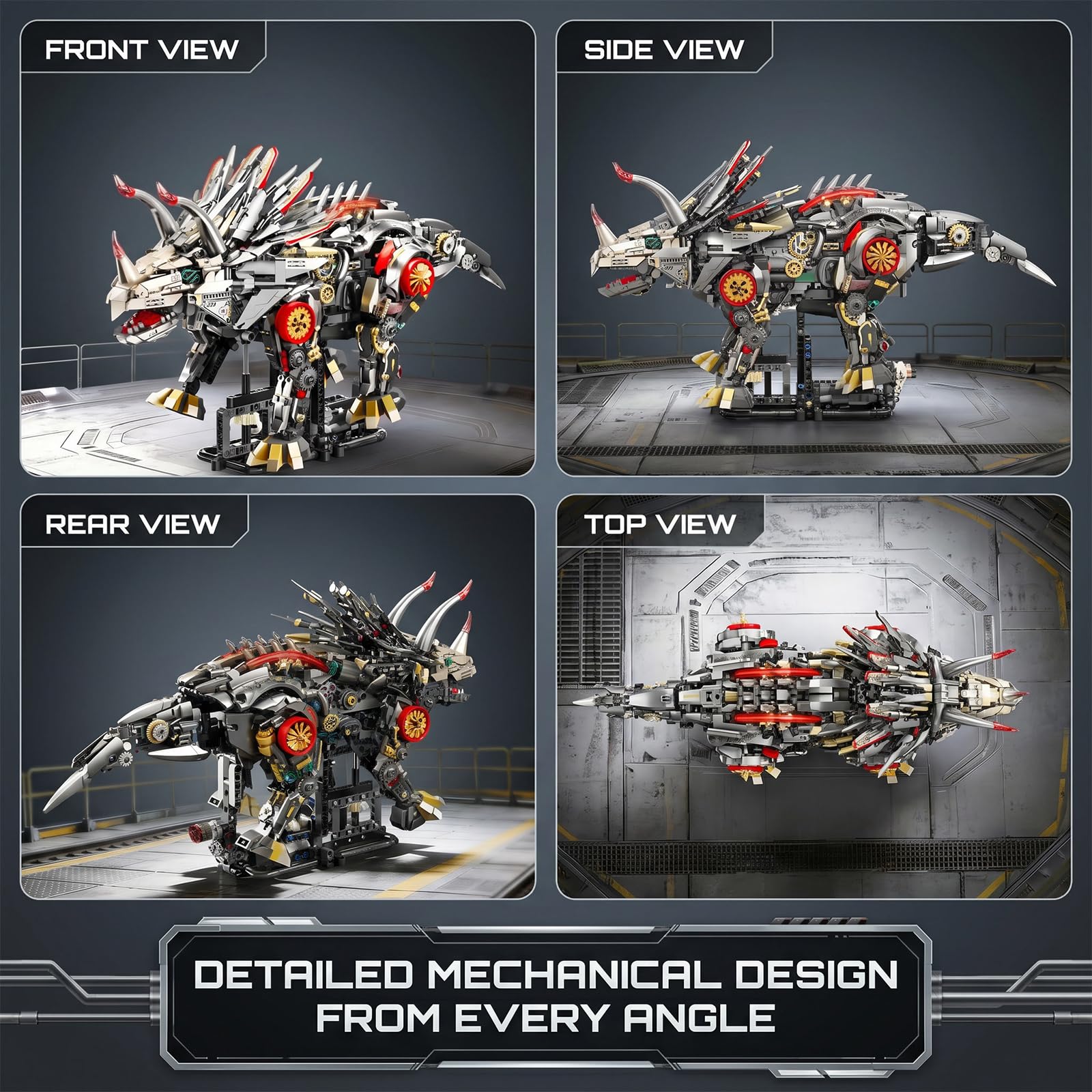 Myth Qholve Mechanical Triceratops Building Set with LED Lights, Display Stand, Movable Linkage Gears, Rotatable Components, Large Scale Collectible