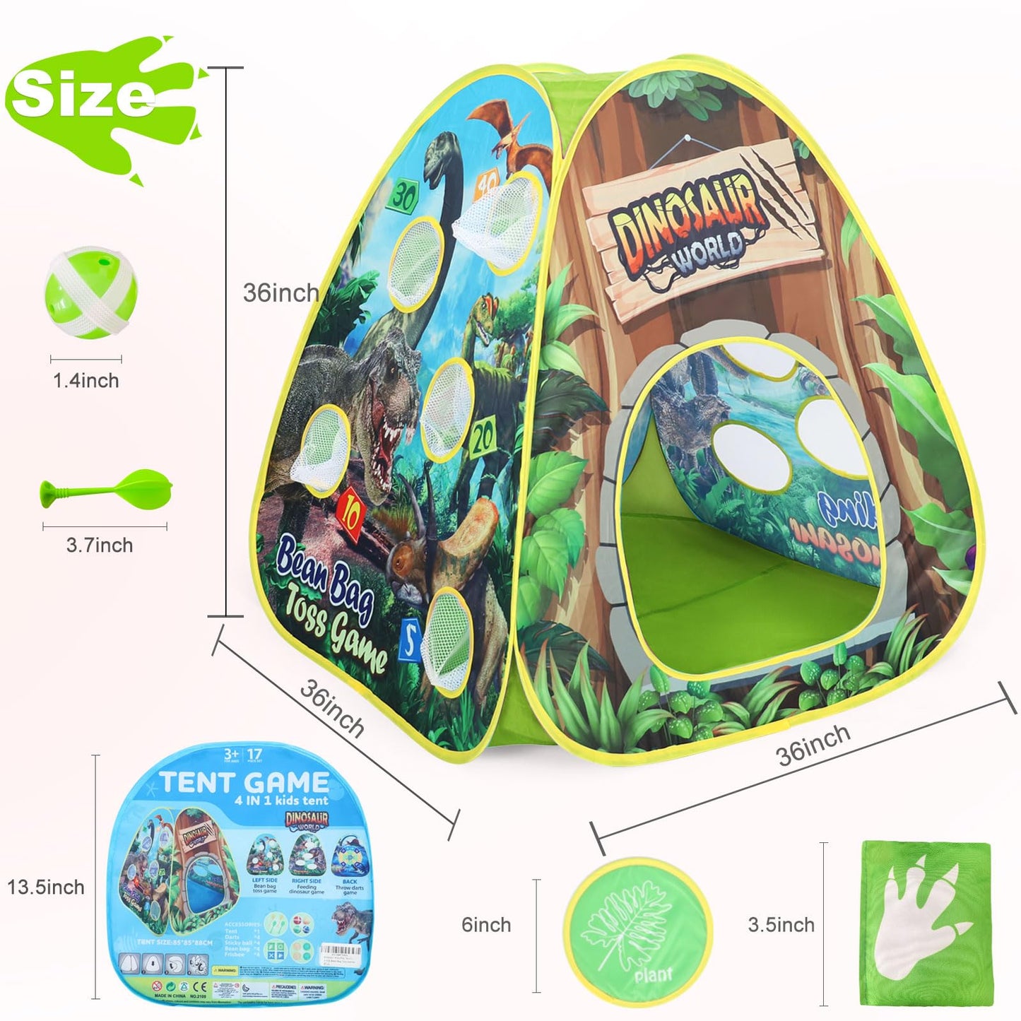 Dinosaur Kids Play Tent Indoor: Boys & Girls Playhouse Tents Indoor Outdoor - 4in1 Dinosaur Tent with-Dart Board & Bean Bag Toss Games