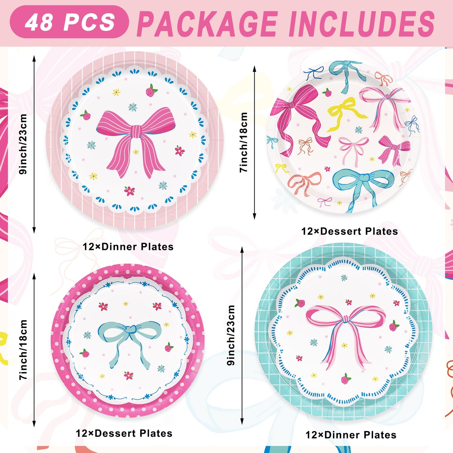 48pcs Bow Paper Plates Bow Birthday Party Decorations 7 Inch & 9 Inch