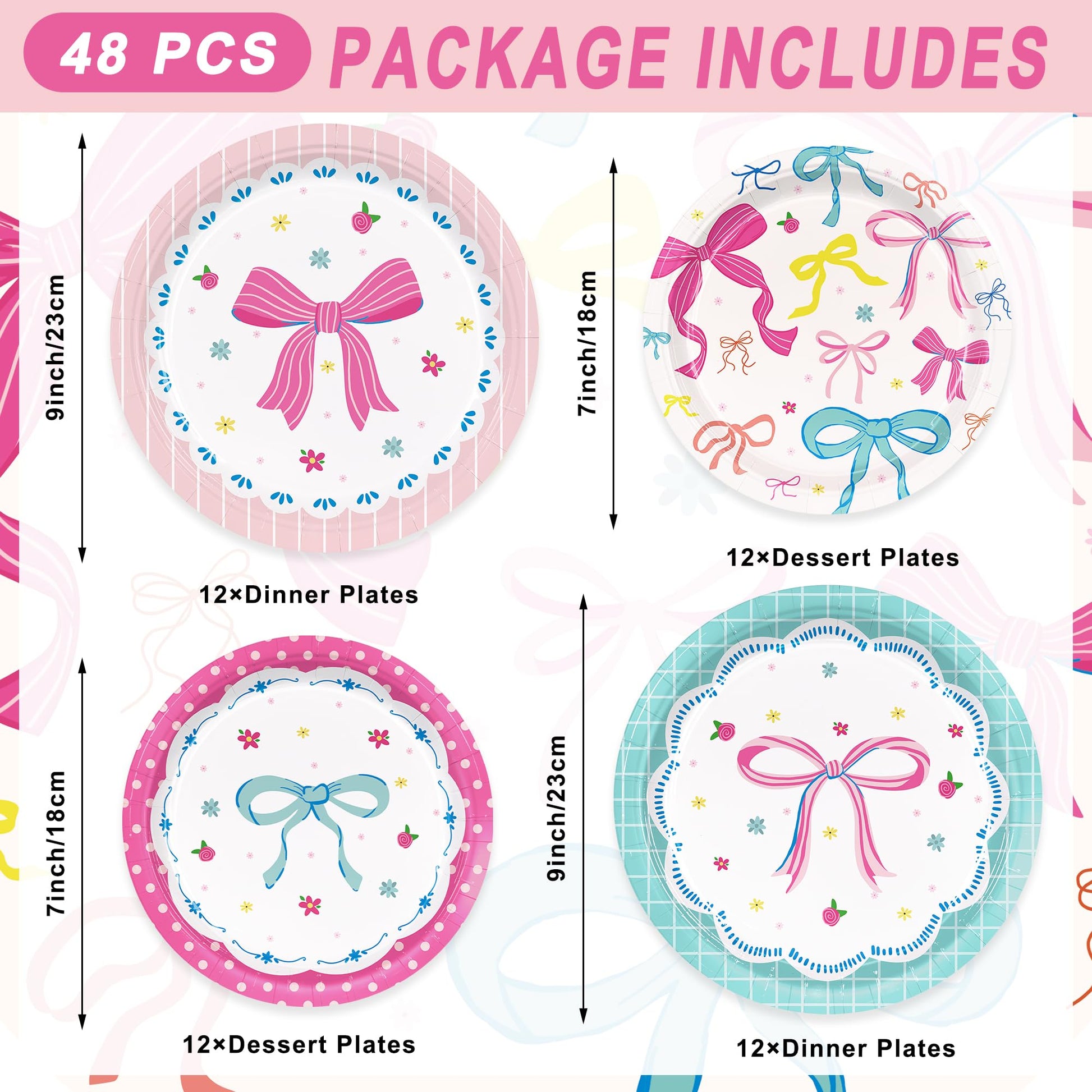 48pcs Bow Paper Plates Bow Birthday Party Decorations 7 Inch & 9 Inch