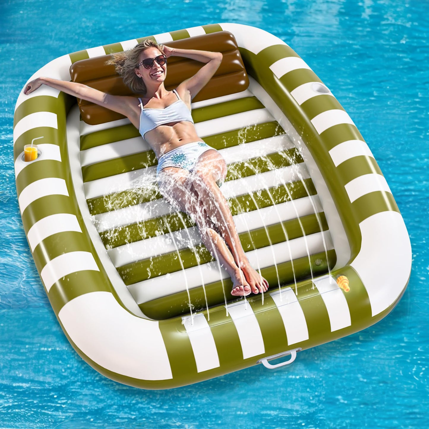 Pool Wave Inflatable Pool Lounger Floats, 80" x 66" Large Tanning Bed for Adult Kids, Outdoor Sun Bathing Floating Blow up Raft W/Pillow, Spray Water