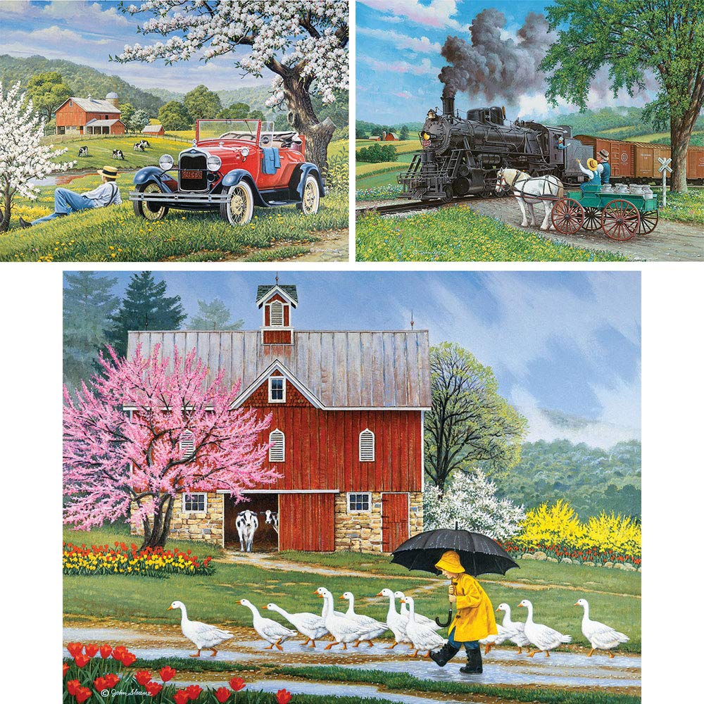 Bits and Pieces - Value Set of Three 300 Piece Jigsaw Puzzles for Adults - Old Country Farm Town Jigsaw Puzzles by Artist John Sloane, Completed