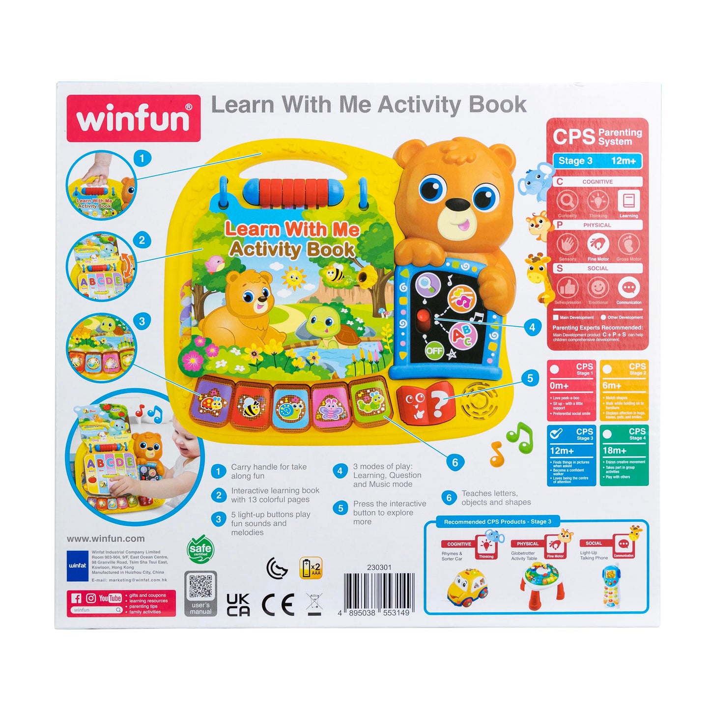 Winfun Learn with Me Activity Book - Interactive Educational Toy with 13 Colorful Pages, Light-Up Animal Buttons, Music & Questions - Early Learning