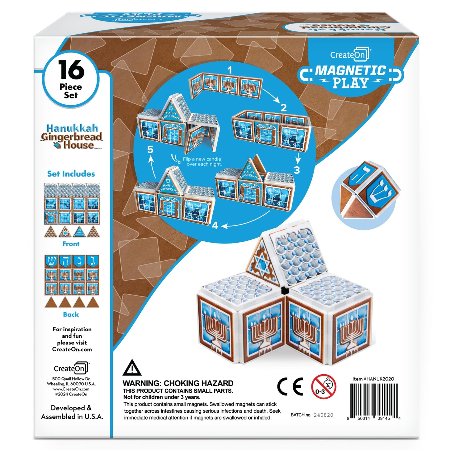 CreateOn Hanukkah Gingerbread House - 16-Piece Set Magnetic Building Tiles Kit, Hanukkah Holiday Craft Toy, 16-Piece Magnetic Construction & Coloring
