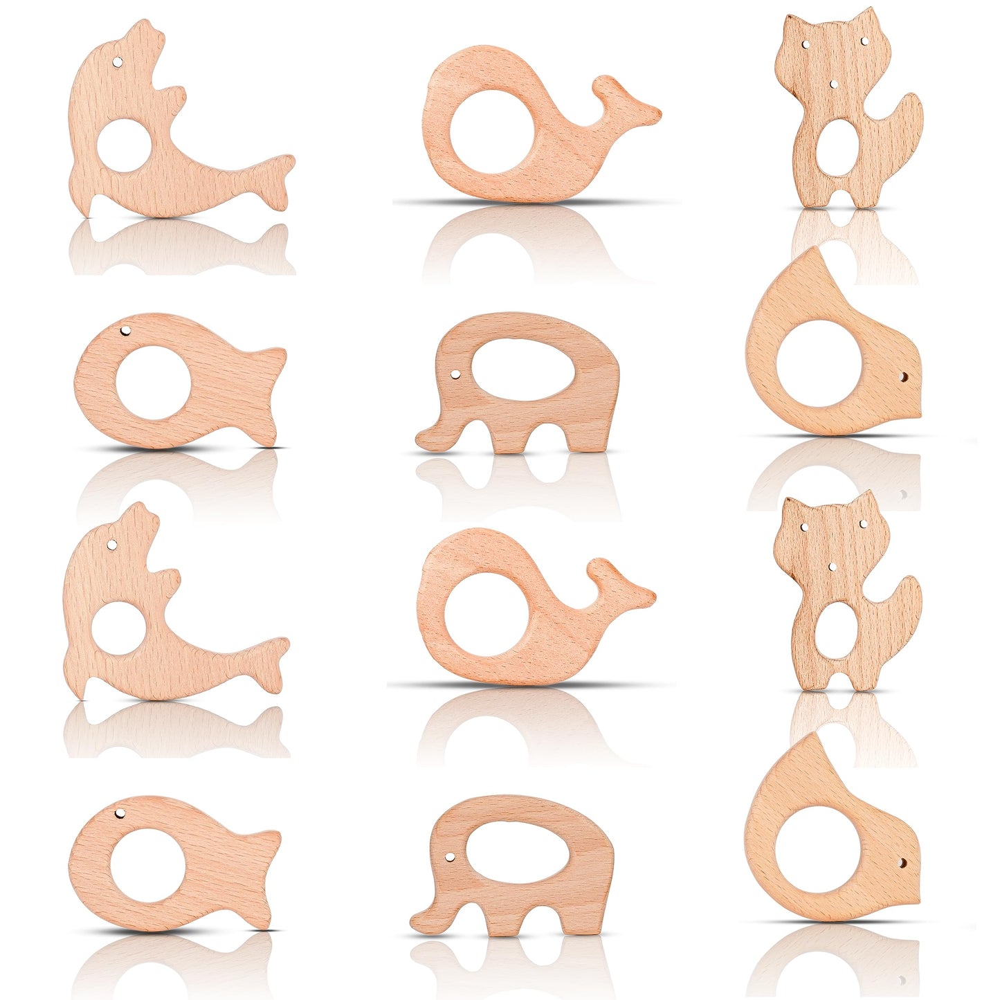 IoF 12 Pcs Teething Toys for Babies, Natural Wooden Teething Rings Baby Teether Chew Toys for Infant Toddler Teethers Crackers Animal Set Pain Relief