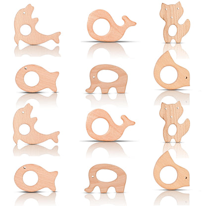 IoF 12 Pcs Teething Toys for Babies, Natural Wooden Teething Rings Baby Teether Chew Toys for Infant Toddler Teethers Crackers Animal Set Pain Relief