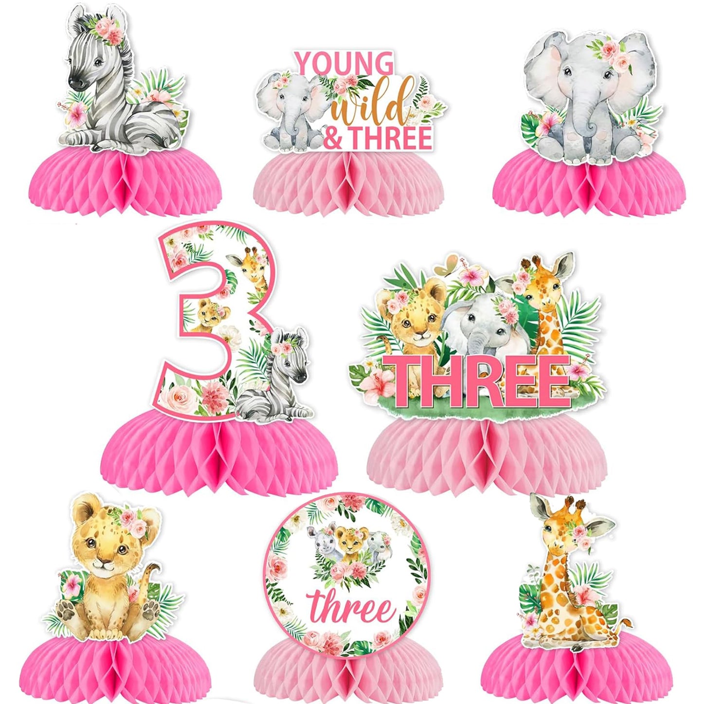 Young Wild Three Party Decor, 8pc Pink Safari Honeycomb Centerpiece