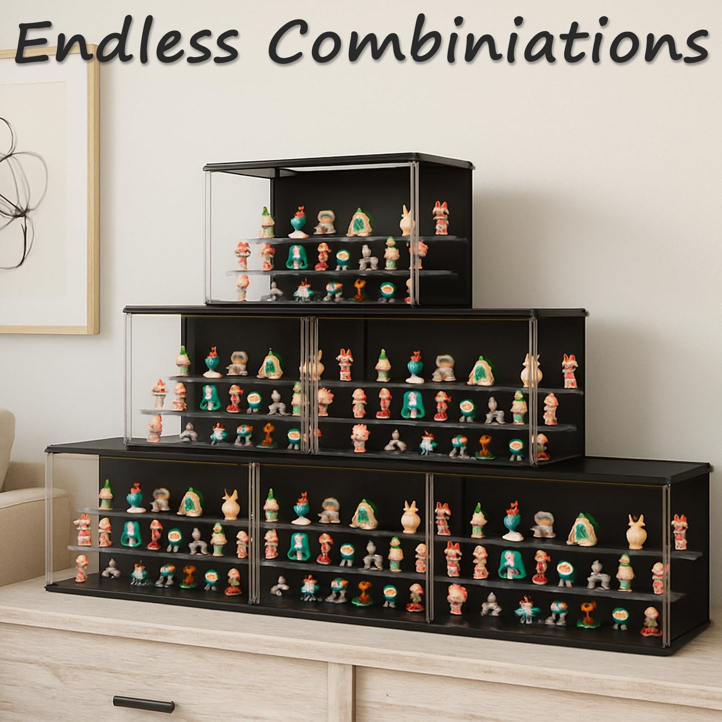 VERSSURE Clear Display Case for Collectibles, 3-Tier Stackable LED Figure Display Case with Magnetic Door, Adjustable Showcase for Models, Miniatures