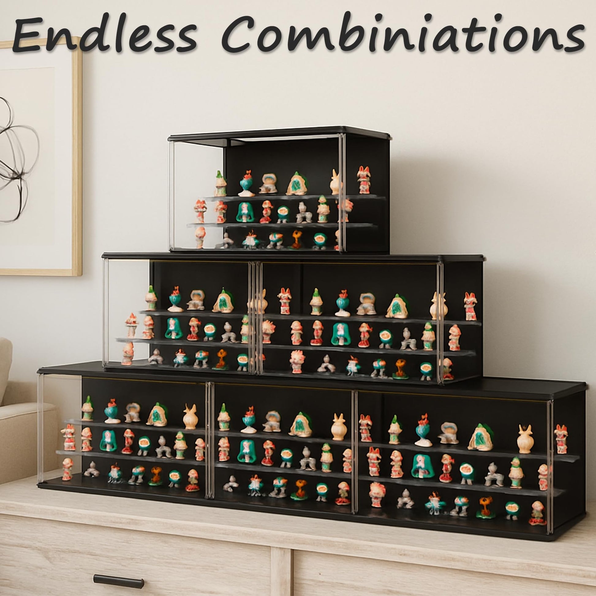 VERSSURE Clear Display Case for Collectibles, 3-Tier Stackable LED Figure Display Case with Magnetic Door, Adjustable Showcase for Models, Miniatures