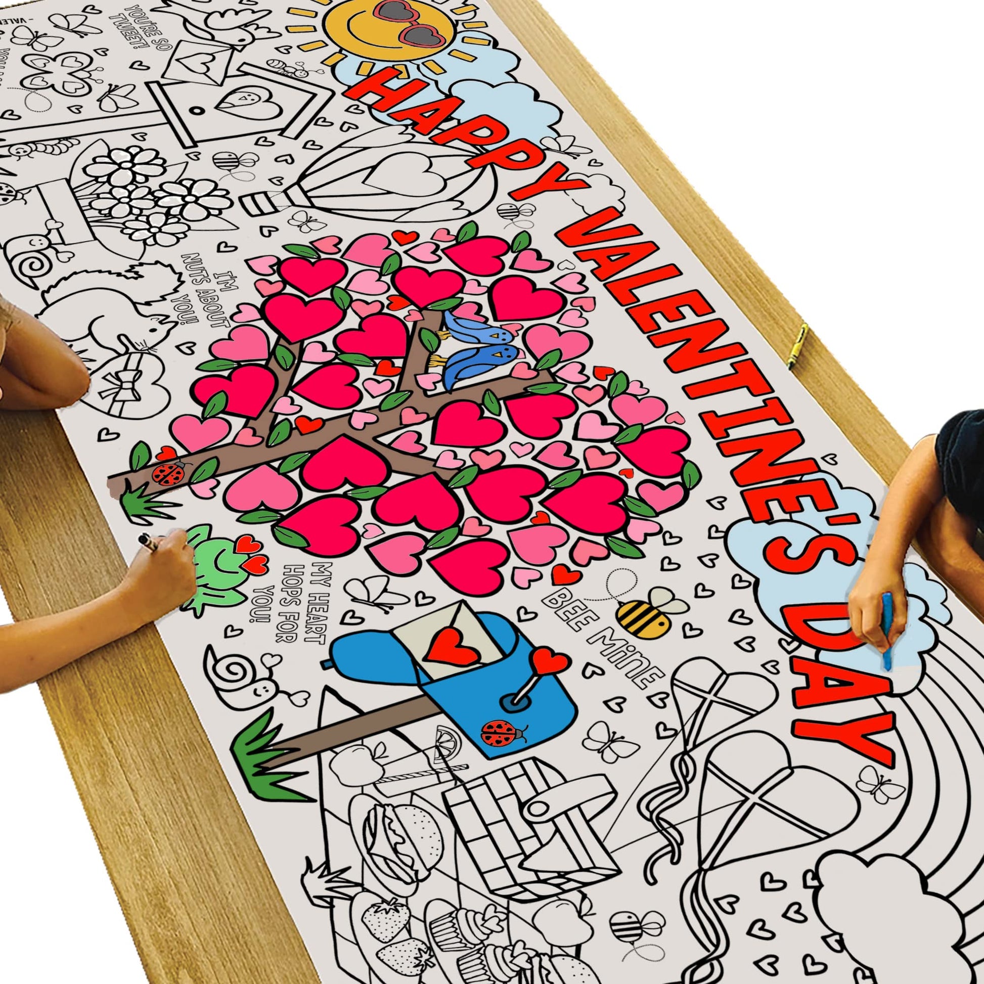 Tiny Expressions Valentines Coloring Tablecloth - Rolled, No Creases 30" x 72" Giant Coloring Poster to Color On - Valentine's Day Activity