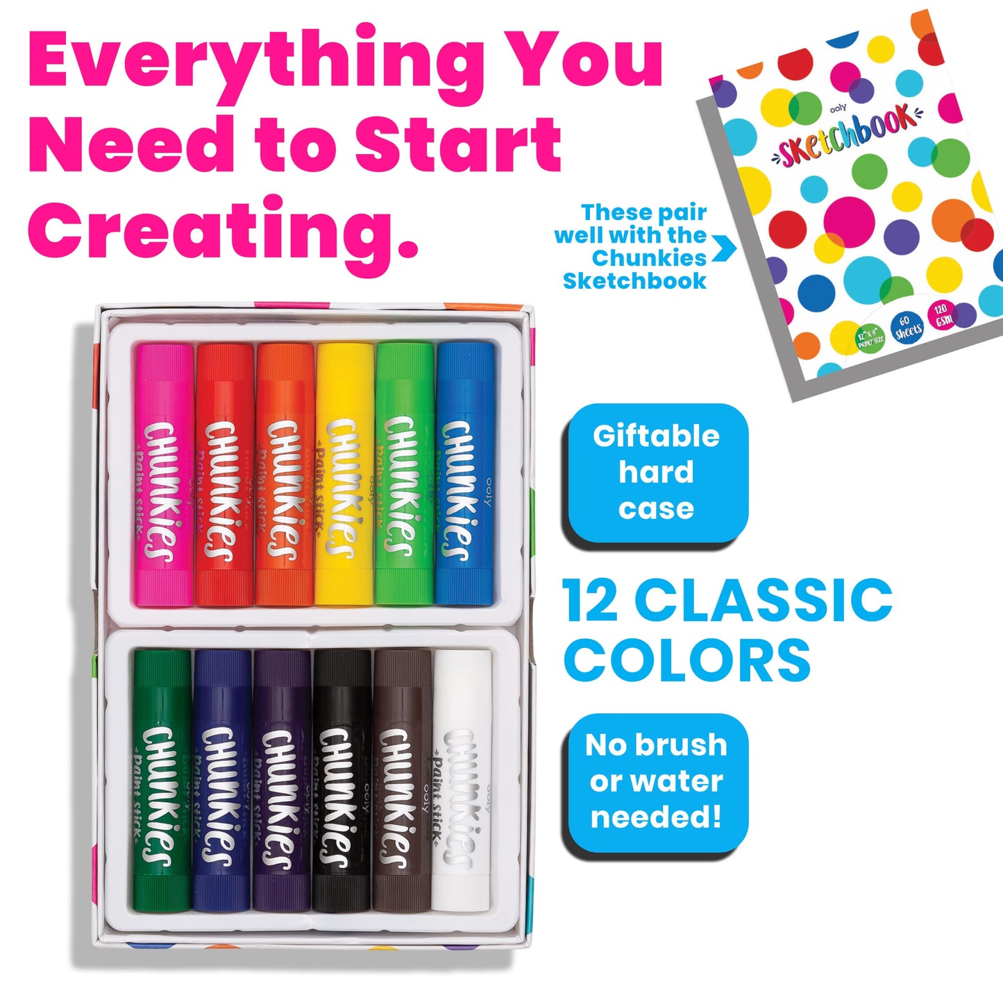 Ooly Chunkies 12 Mess Free Paint Sticks For Kids, Tempera Paint Sticks Kid Safe Colors, No Mess Quick Drying Art Supplies for Toddlers and Kids