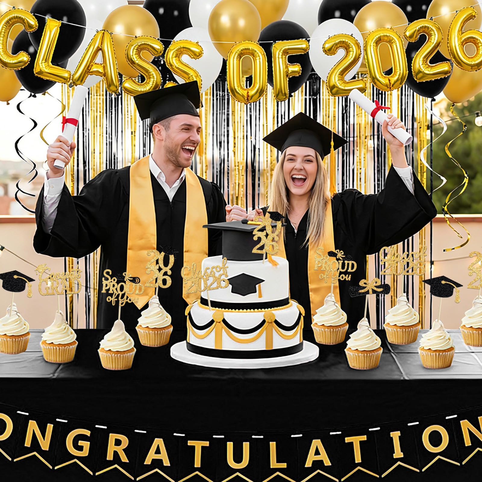 24 Pcs Graduation Cupcake Toppers 2026 - Congrats Grad Decorations Class of 2026, Pre-Assembled Black Gold Grad Cake Topper Centerpieces