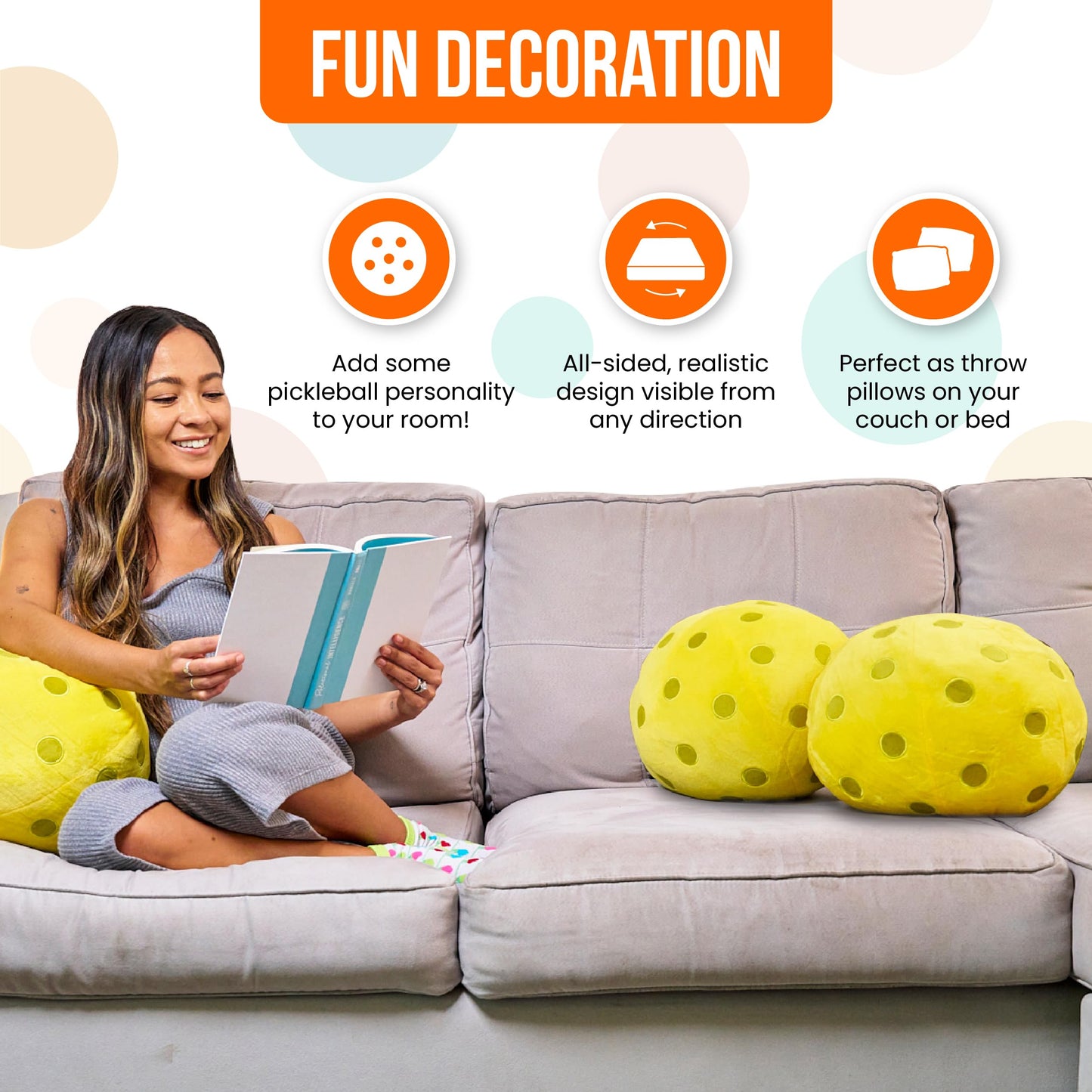 TILTECH Pickleball Pillow - Soft Pickleball-Shaped Decorative Throw Pillow, 12" Sports Cushion for Couch, Bed, Office, Pickleball Players & Fans