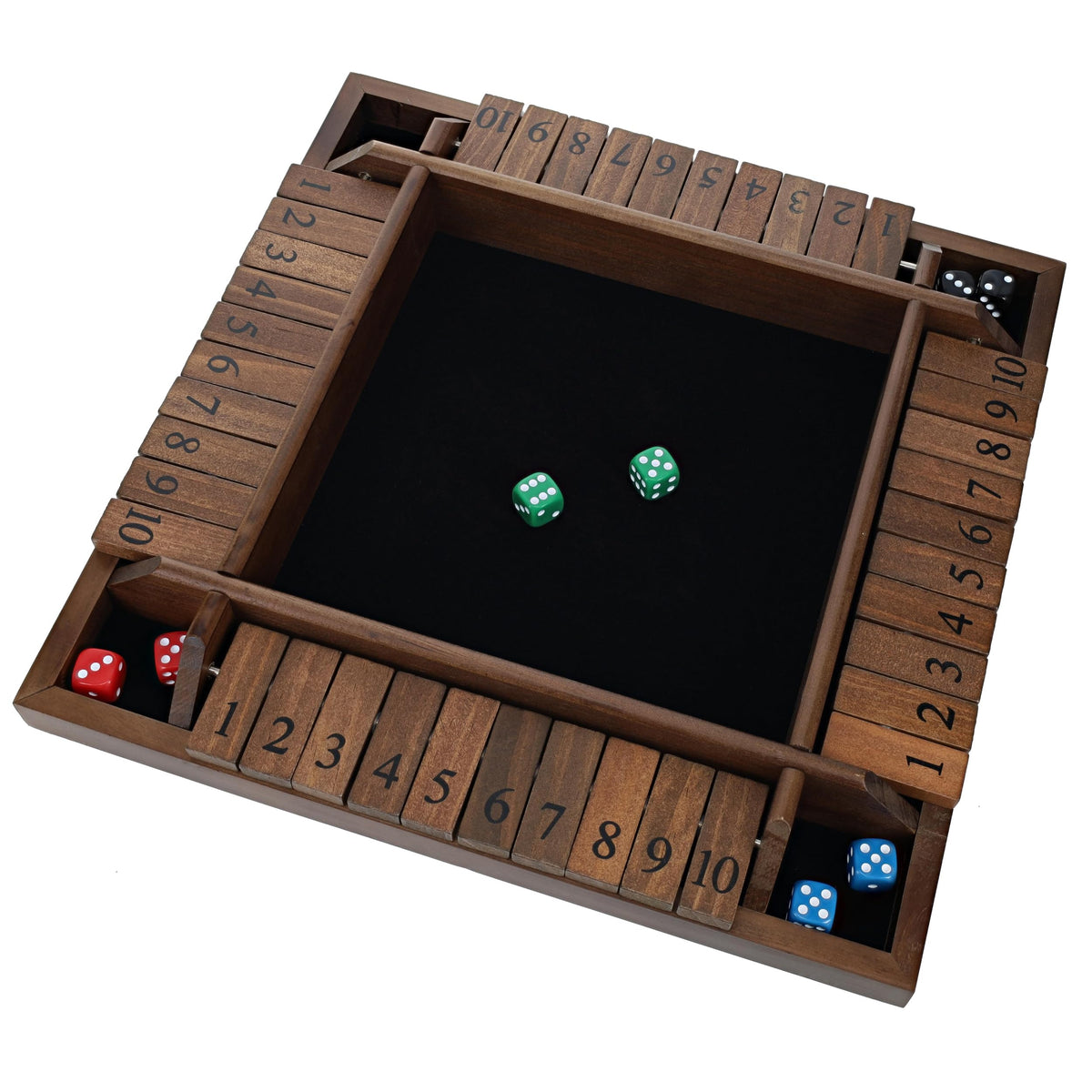 WE Games Shut the Box Wooden Board Game - Classic 4 Player Table Top Math Dice Game, Walnut Stained Wood, 8.5 inch Travel Size, 10 Numbers, for