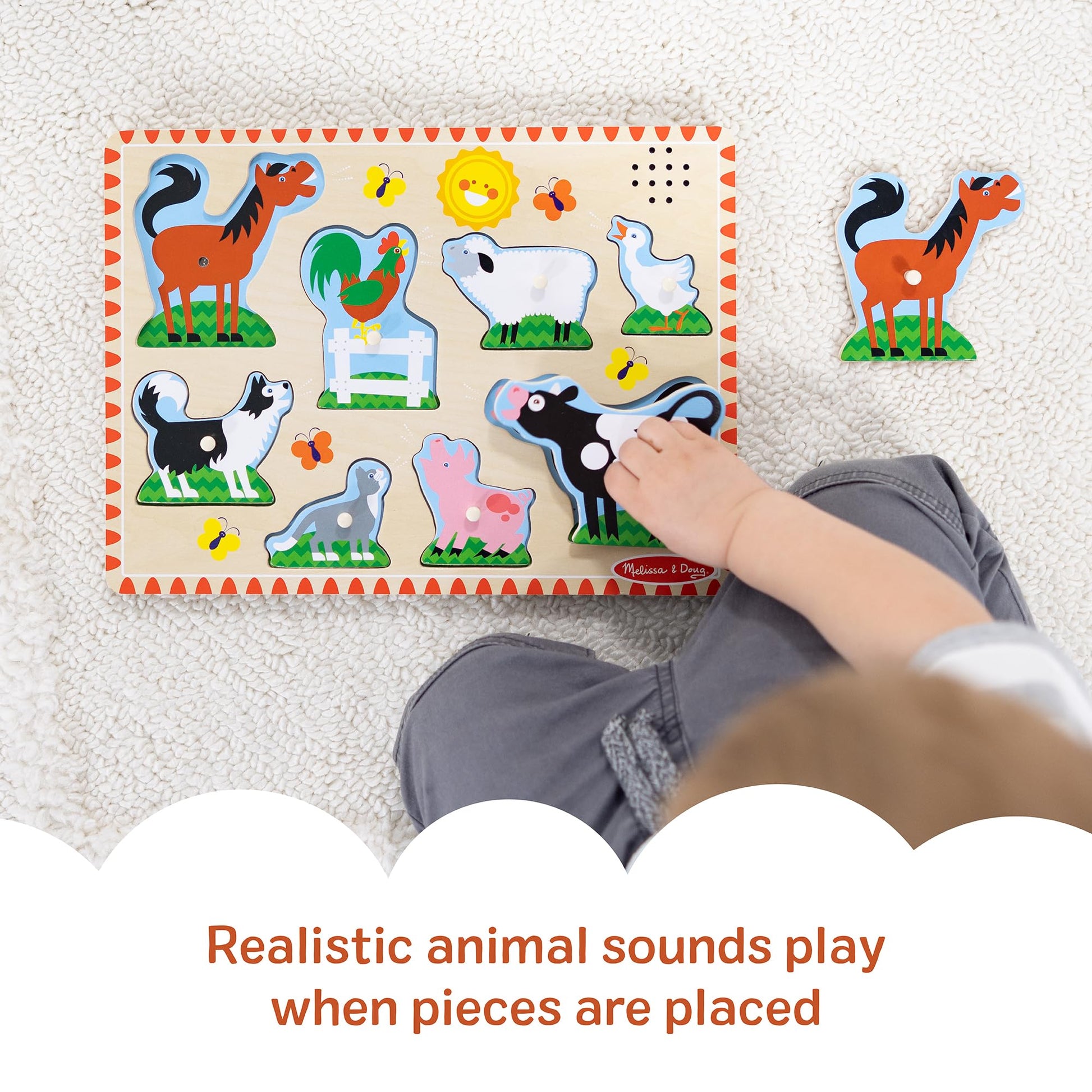 Melissa & Doug Farm Animals Sound Puzzle - 8-Piece Wooden Peg Puzzle with Light-Activated Sounds, Music Learning Toy for Toddlers and Preschoolers