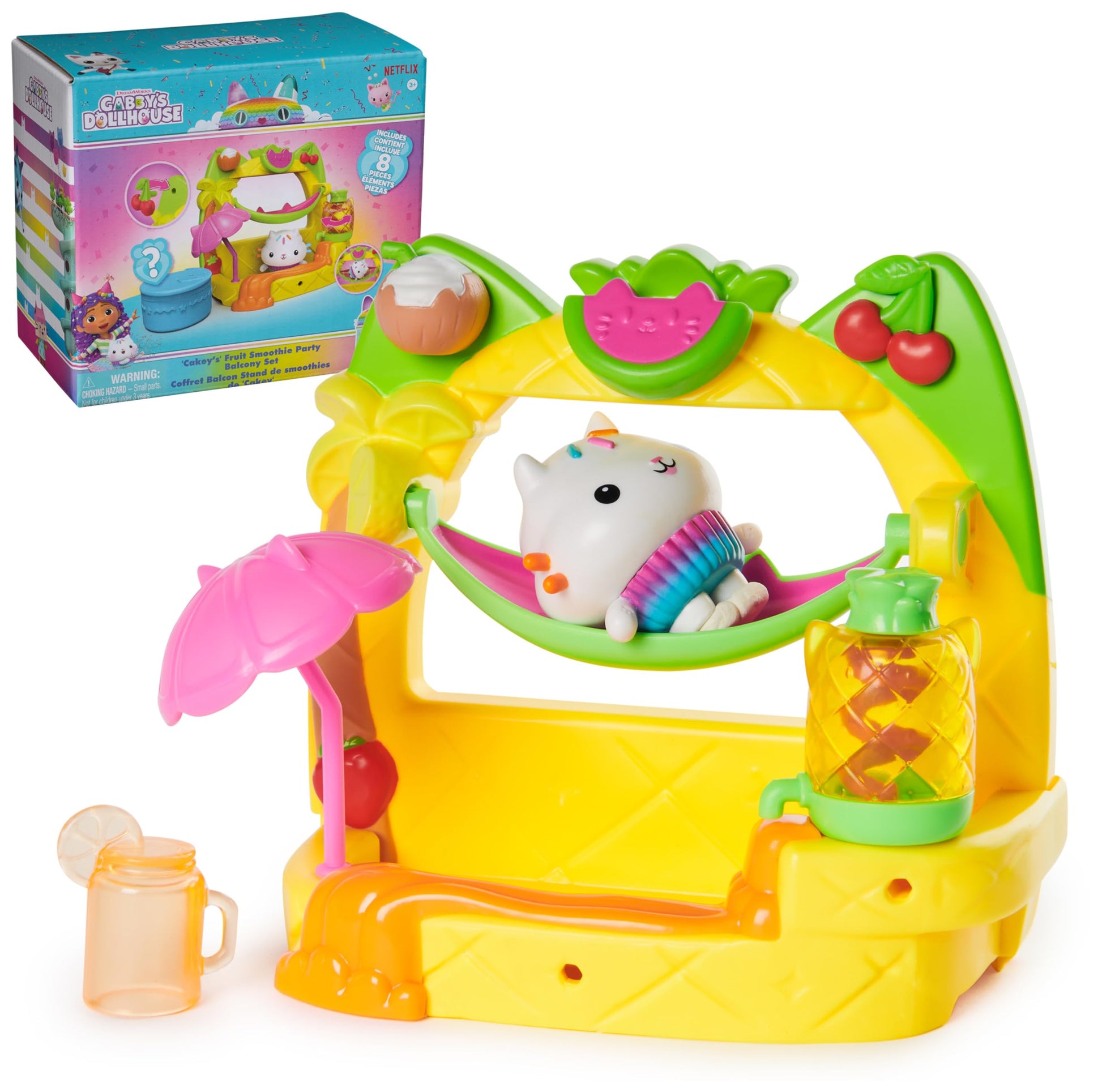 DreamWorks GABBY'S Dollhouse, Cakey’s Fruit Smoothie Balcony Playset, 8-Pcs with Toy Figures, Dollhouse Accessories & Sensory Play, Kids Toys