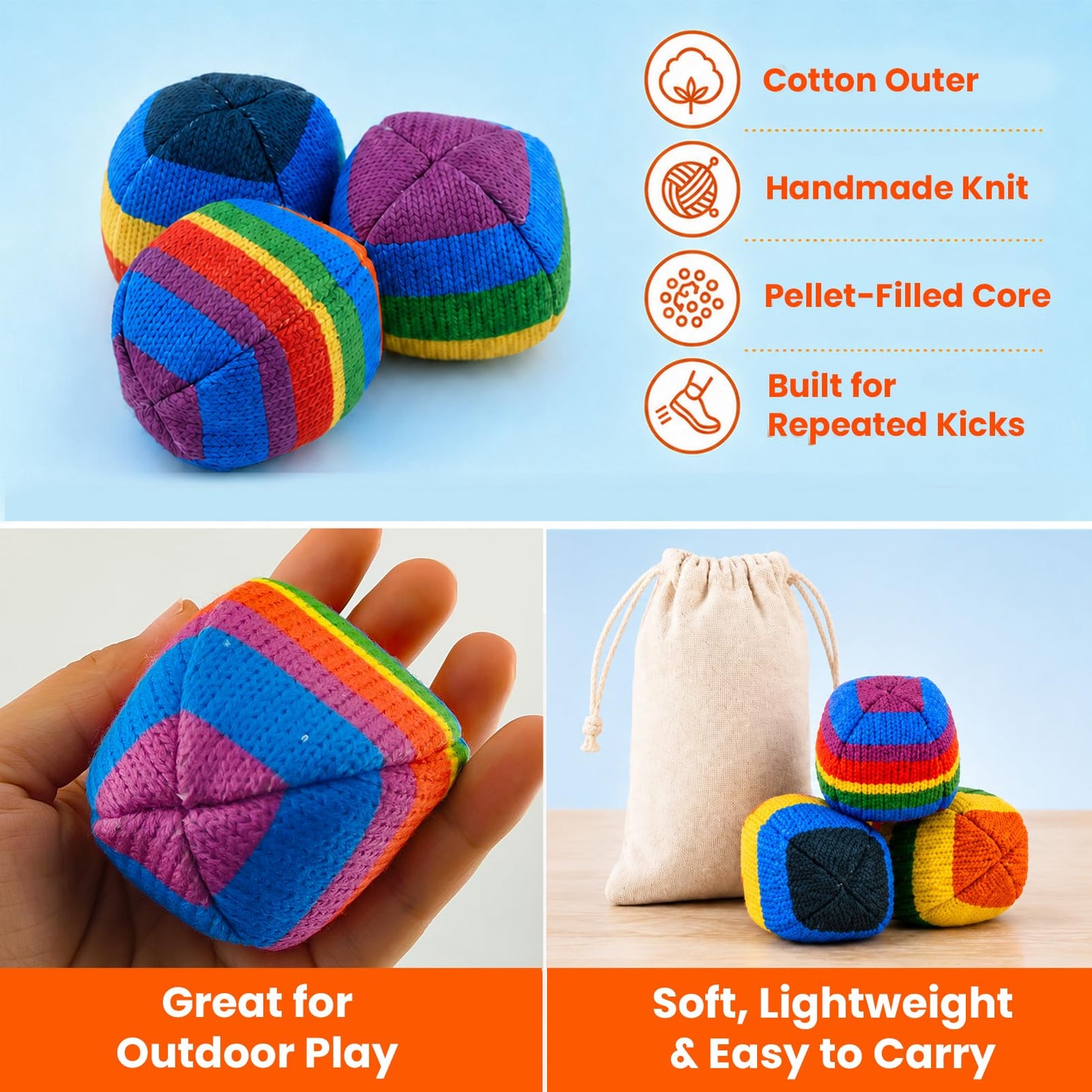 LeilieCSC Crochet Footbag 3 Pack, Hand-Crocheted Cotton Yarn Kick Balls for Kids, Teens and Adults, Soft Juggling Balls for Outdoor Games