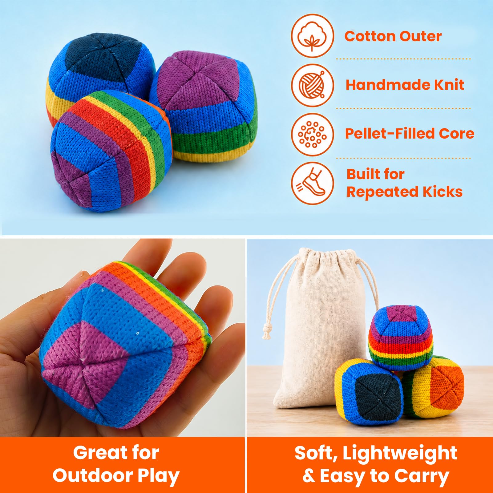 LeilieCSC Crochet Footbag 3 Pack, Hand-Crocheted Cotton Yarn Kick Balls for Kids, Teens and Adults, Soft Juggling Balls for Outdoor Games