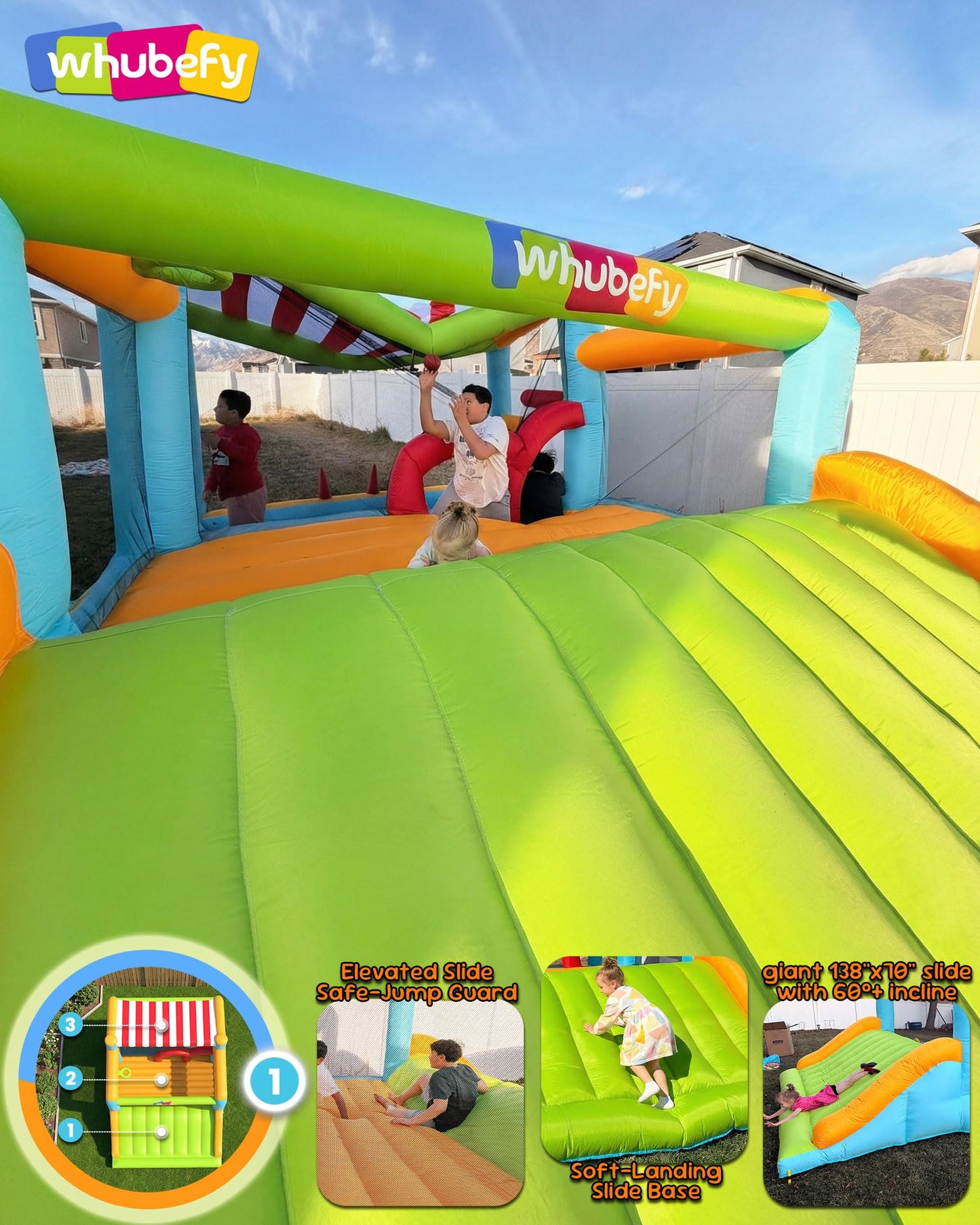 Whubefy 16 x 11.5 FT Inflatable Bounce House for Multiple Big Kids 3-12 with Elevated Giant Slide, Convertible Ball Pit/Water Pool with Shade Canopy