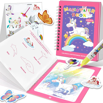 Reusable Water Coloring Books for Toddlers 1-3 with 18+ Stickers & No-Mess Pen, Unicorn Theme Water Coloring Books for Toddlers 1-3, Magic Paintless