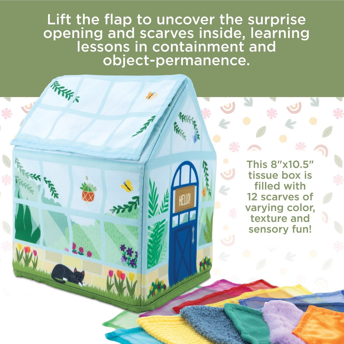 MindWare Sensory Sprouts Tissue Scarf - Montessori Toys for Babies 6-12 Months - Soft Greenhouse-Shaped Tissue Box and 12 Sensory Scarves Featuring