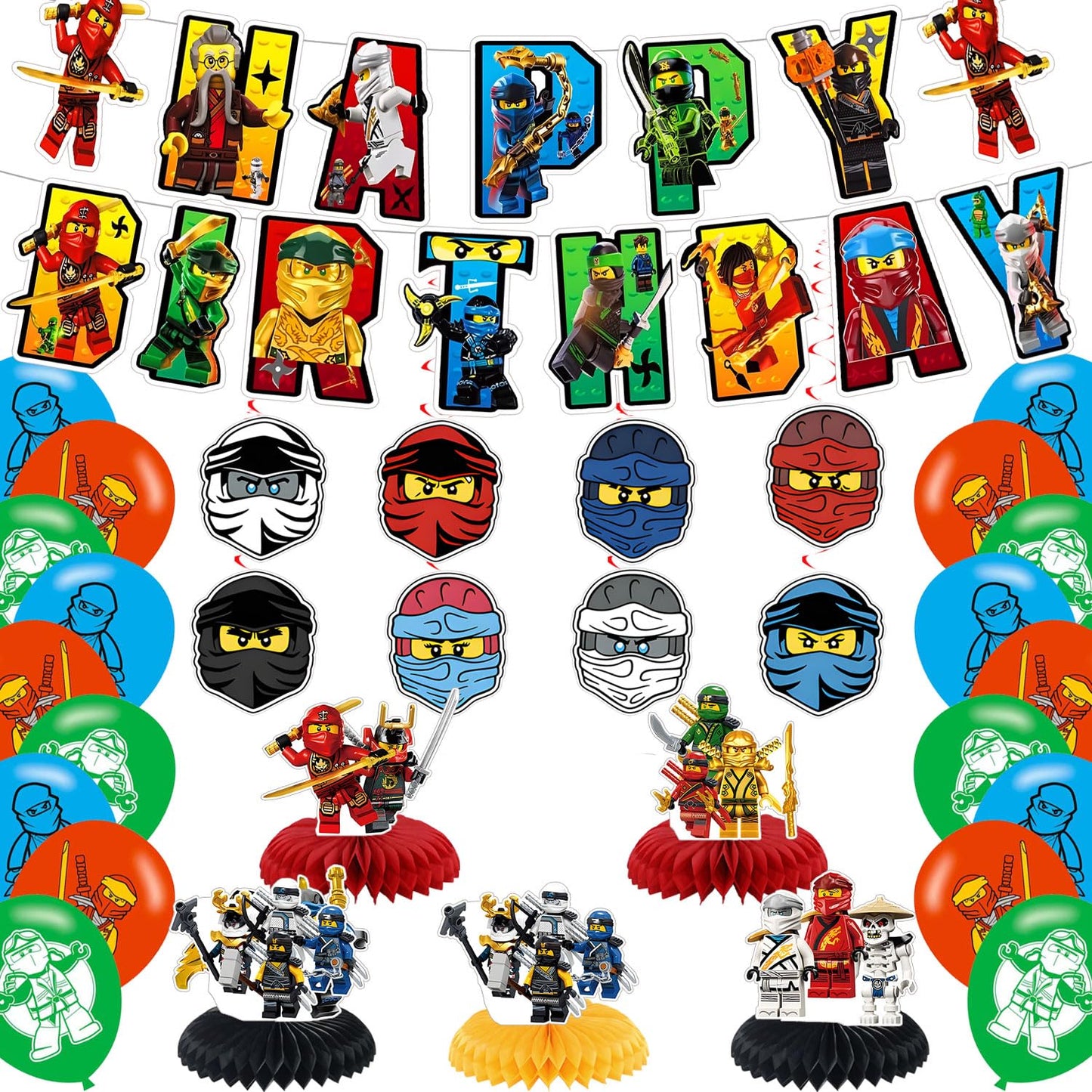 Ninja Hero Birthday Party Decorations,Cartoon Hero Party Supply Set for Kids with Happy Birthday Banner, Swirls,Centerpieces,18 Balloons for Ninja