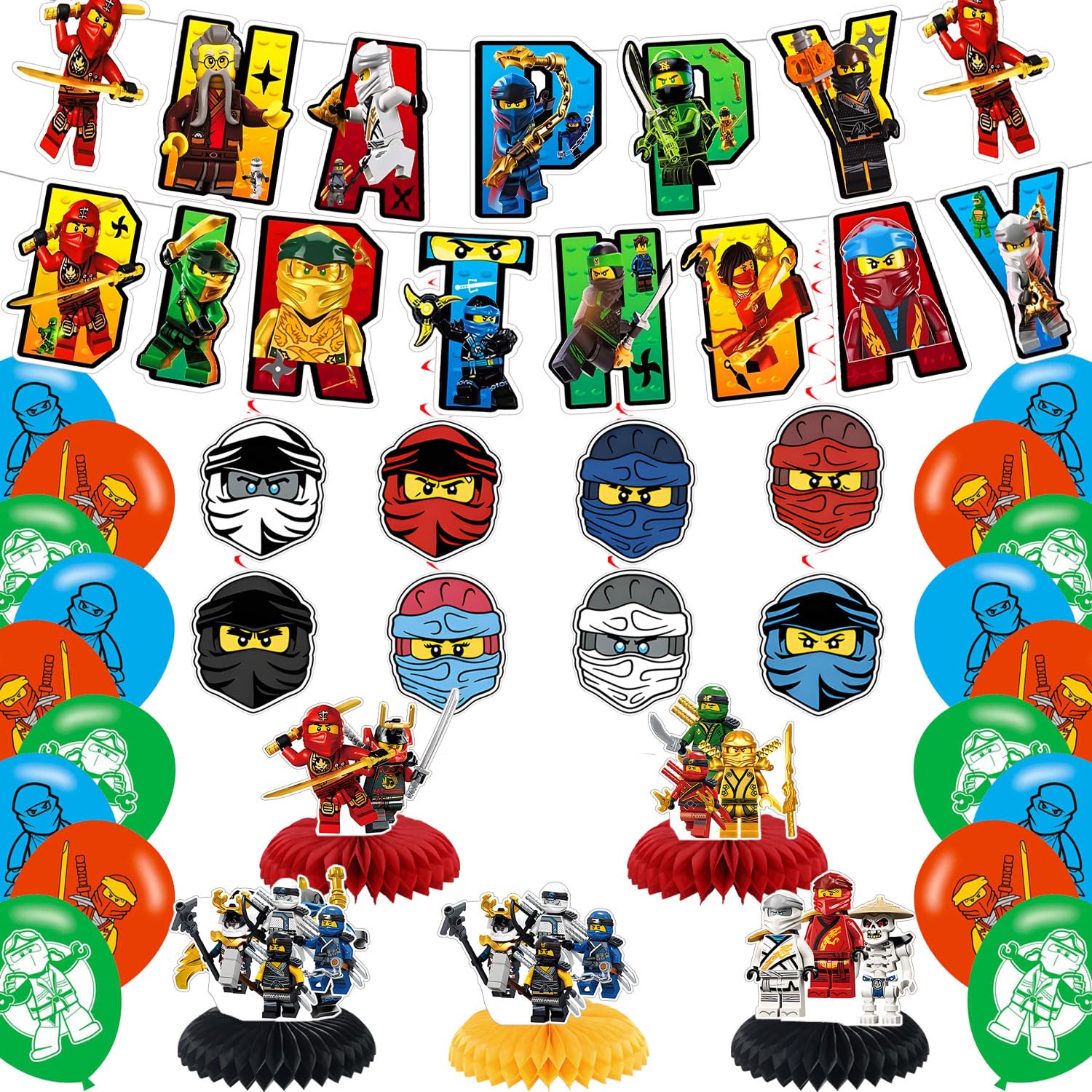 Ninja Hero Birthday Party Decorations,Cartoon Hero Party Supply Set for Kids with Happy Birthday Banner, Swirls,Centerpieces,18 Balloons for Ninja