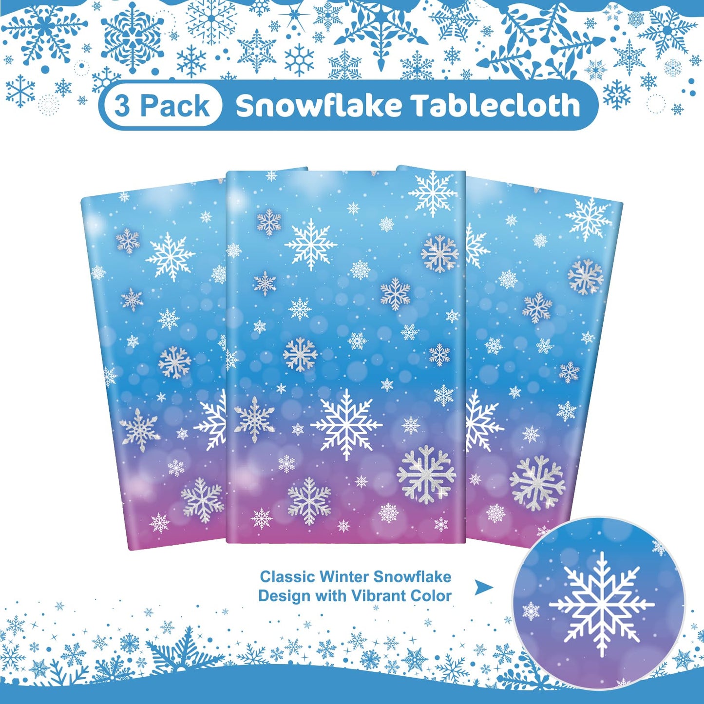 3 Pcs Winter Snowflake Tablecloth - Frozen Wonderland Plastic Table Cloth Disposable Rectangular Snowflakes Table Cover for Frozen Birthday Party