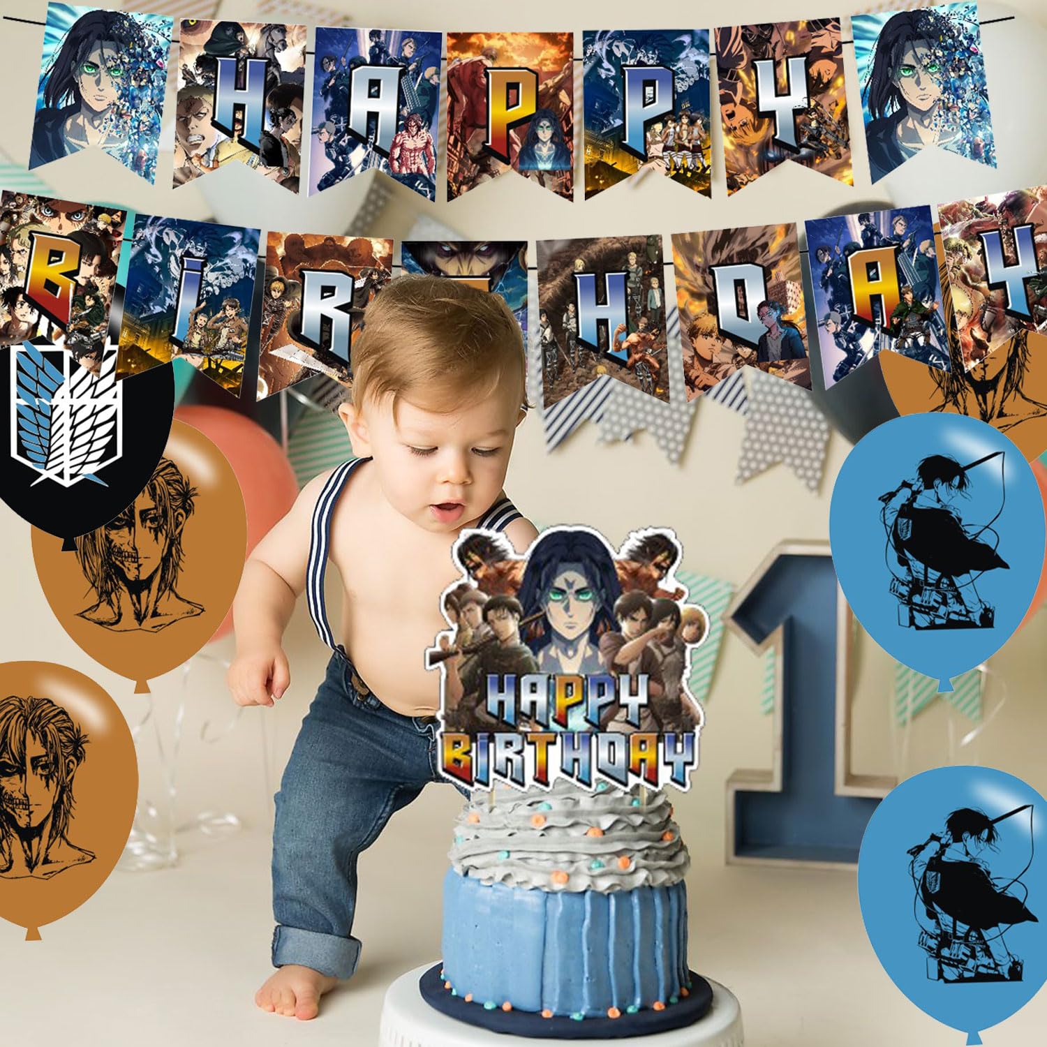 Attack Anime Theme Party Supplies - Birthday Banner, Cake Topper, Latex Balloons