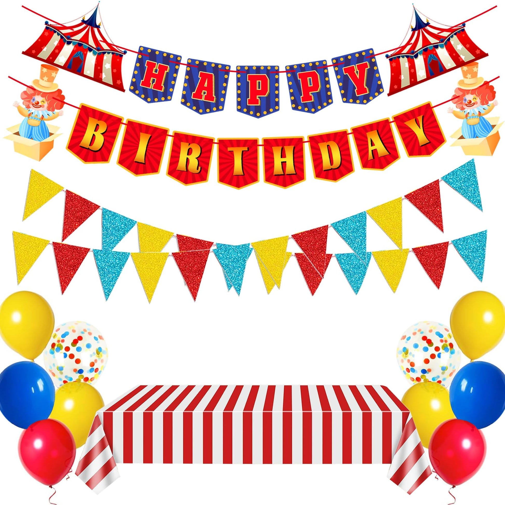 Circus Carnival Party Decorations Happy Birthday Banner Carnival Theme Balloons Circus Themed Tablecloth for Carnival Circus Birthday Party Supplies