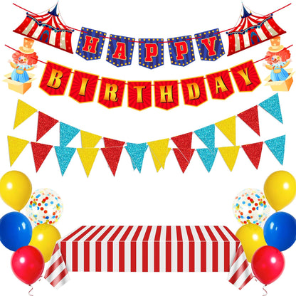 Circus Carnival Party Decorations Happy Birthday Banner Carnival Theme Balloons Circus Themed Tablecloth for Carnival Circus Birthday Party Supplies